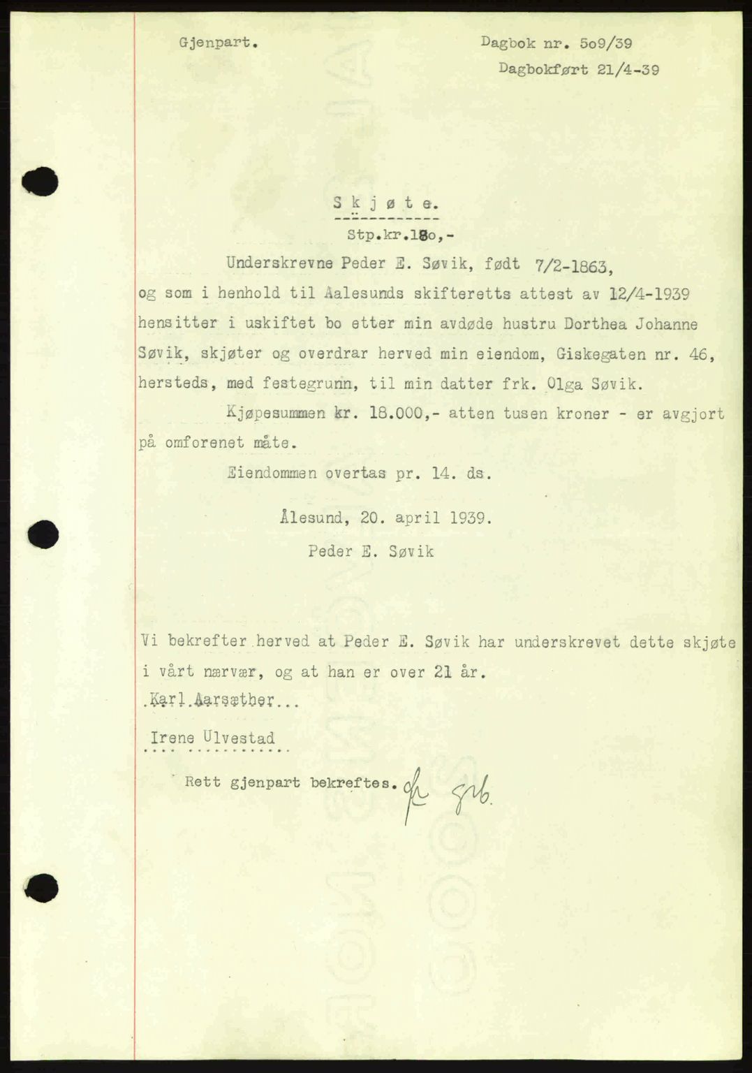Ålesund byfogd, AV/SAT-A-4384: Pantebok nr. 34 II, 1938-1940, Dagboknr: 509/1939