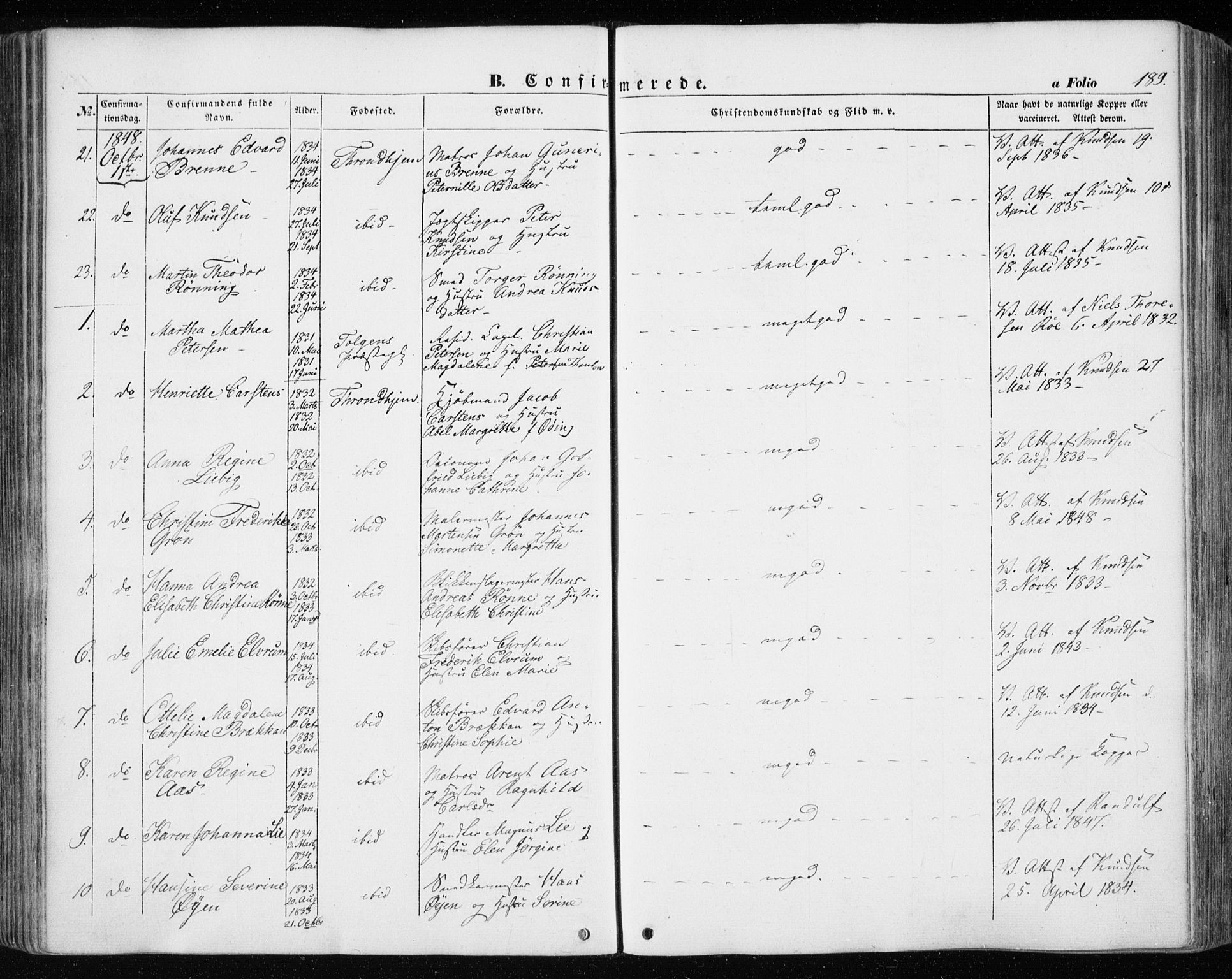 Ministerialprotokoller, klokkerbøker og fødselsregistre - Sør-Trøndelag, SAT/A-1456/601/L0051: Ministerialbok nr. 601A19, 1848-1857, s. 189