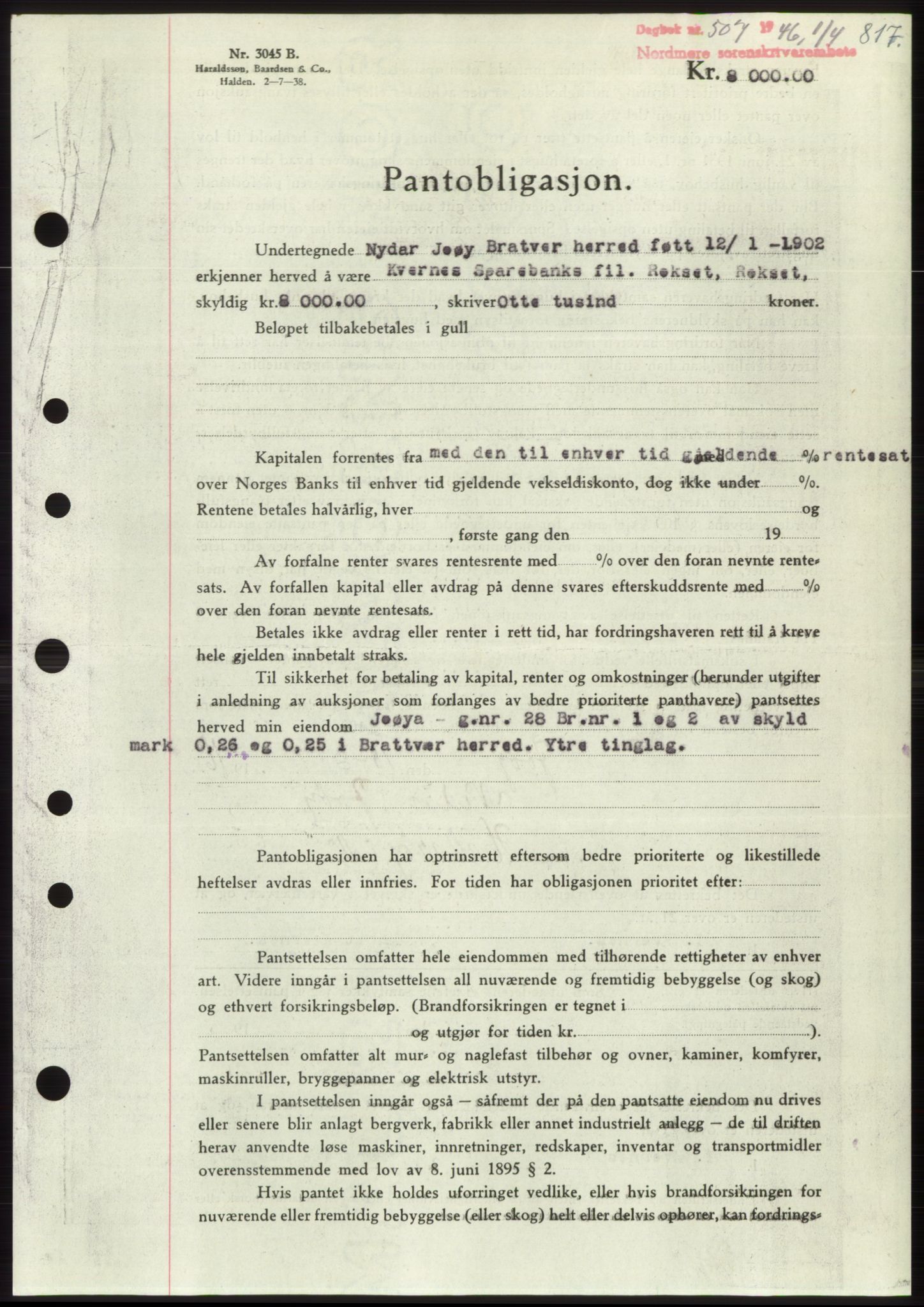 Nordmøre sorenskriveri, SAT/A-4132/1/2/2Ca: Pantebok nr. B93b, 1946-1946, Dagboknr: 507/1946