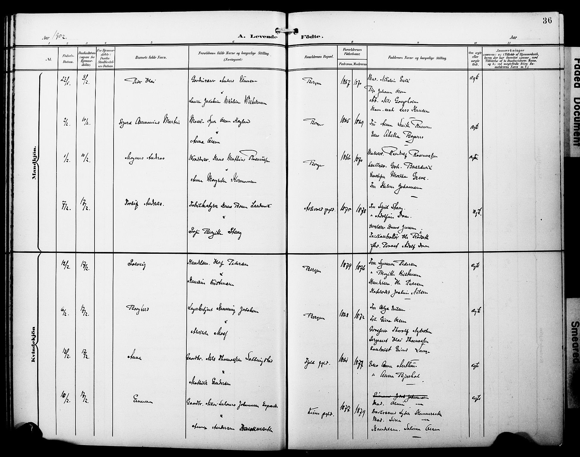 Fødselsstiftelsens sokneprestembete*, SAB/-: Klokkerbok nr. A 1, 1900-1909, s. 36