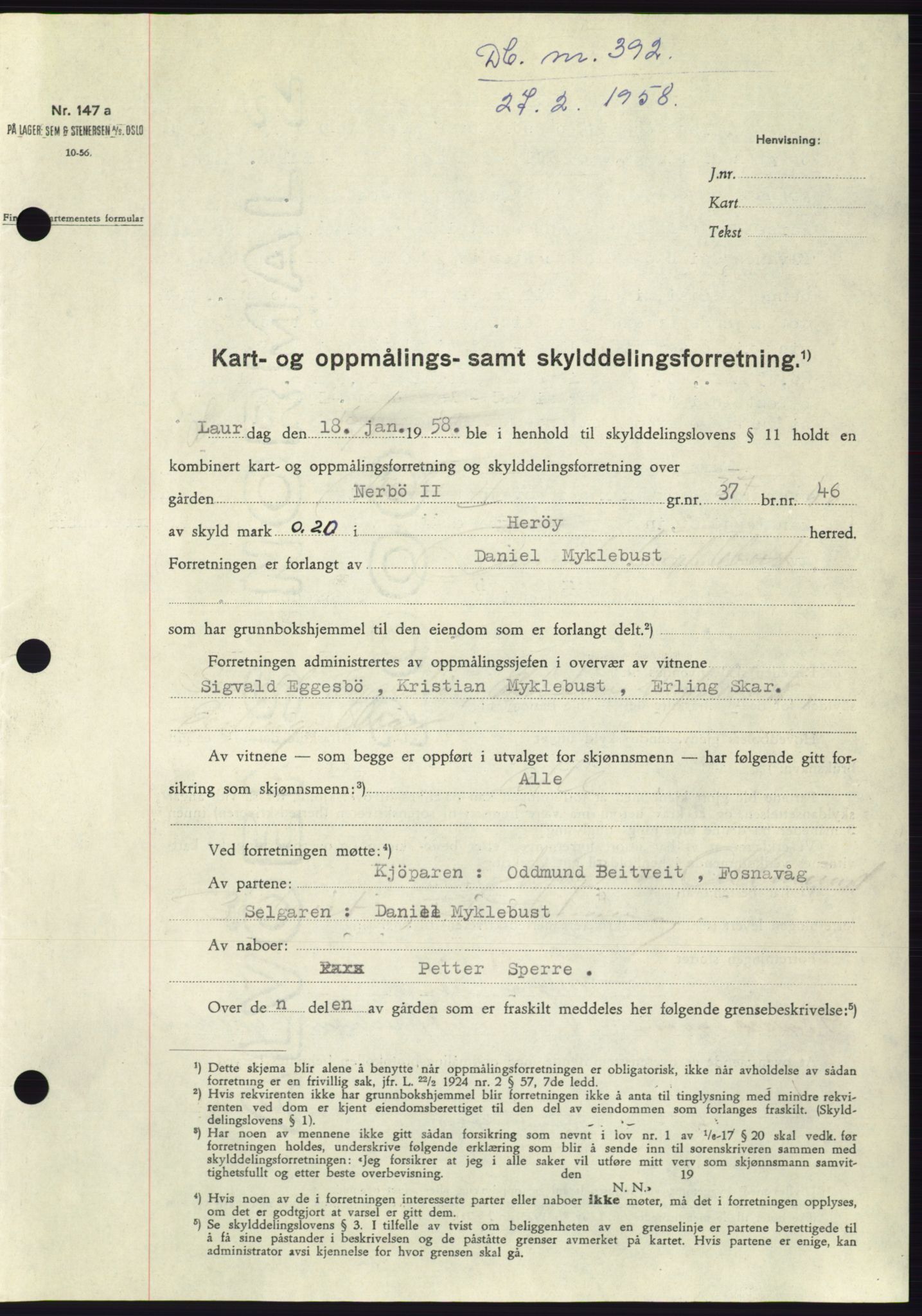 Søre Sunnmøre sorenskriveri, SAT/A-4122/1/2/2C/L0109: Pantebok nr. 35A, 1958-1958, Dagboknr: 392/1958