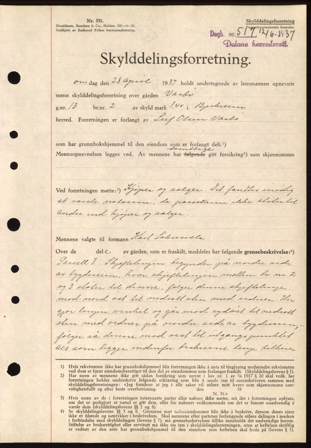 Dalane sorenskriveri, SAST/A-100309/02/G/Gb/L0041: Pantebok nr. A2, 1936-1937, Dagboknr: 517/1937