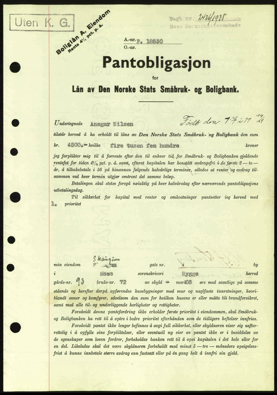 Moss sorenskriveri, SAO/A-10168: Pantebok nr. B6, 1938-1938, Dagboknr: 2426/1938