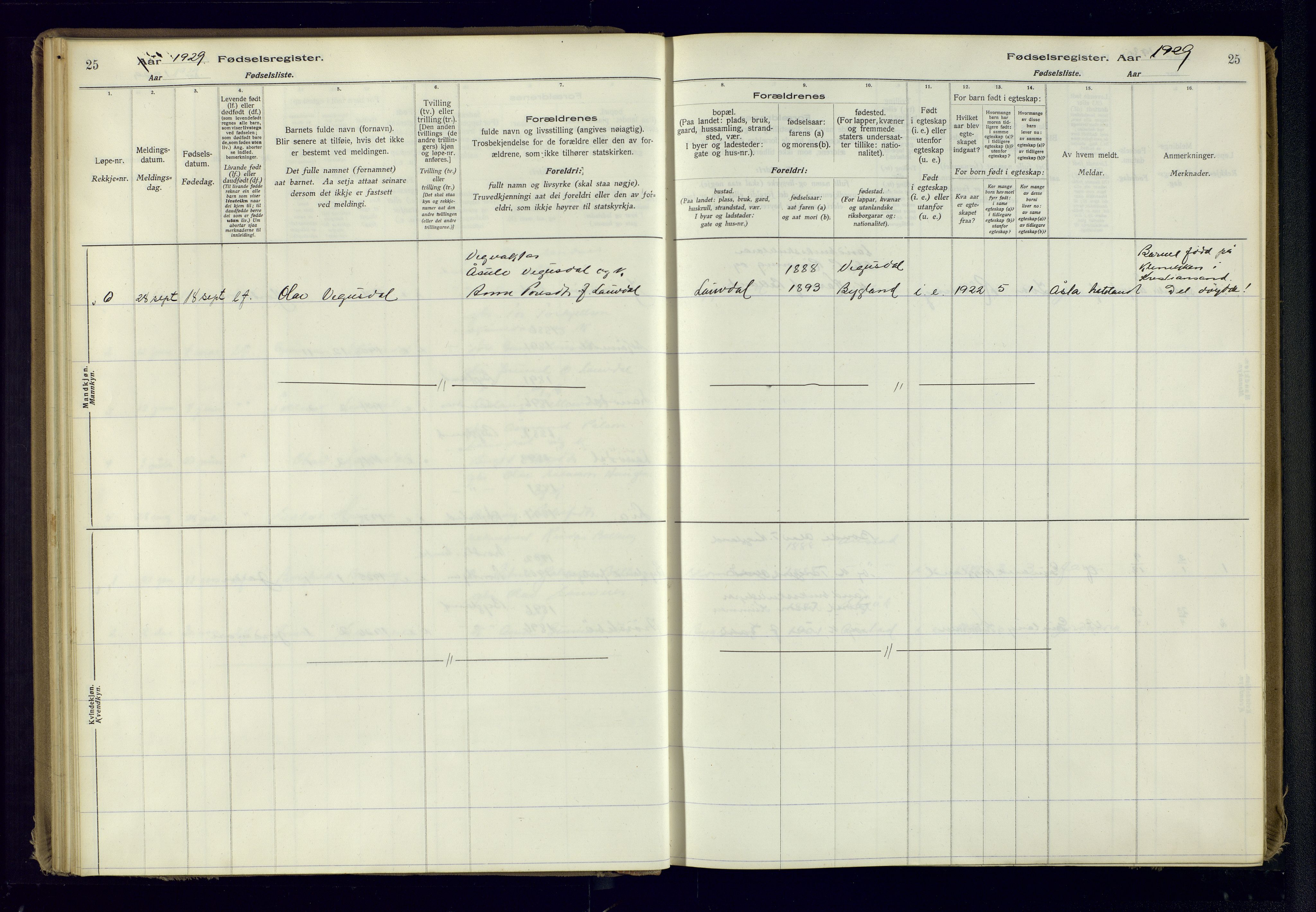 Bygland sokneprestkontor, SAK/1111-0006/J/Ja/L0001: Fødselsregister nr. II.4.2, 1916-1982, s. 25