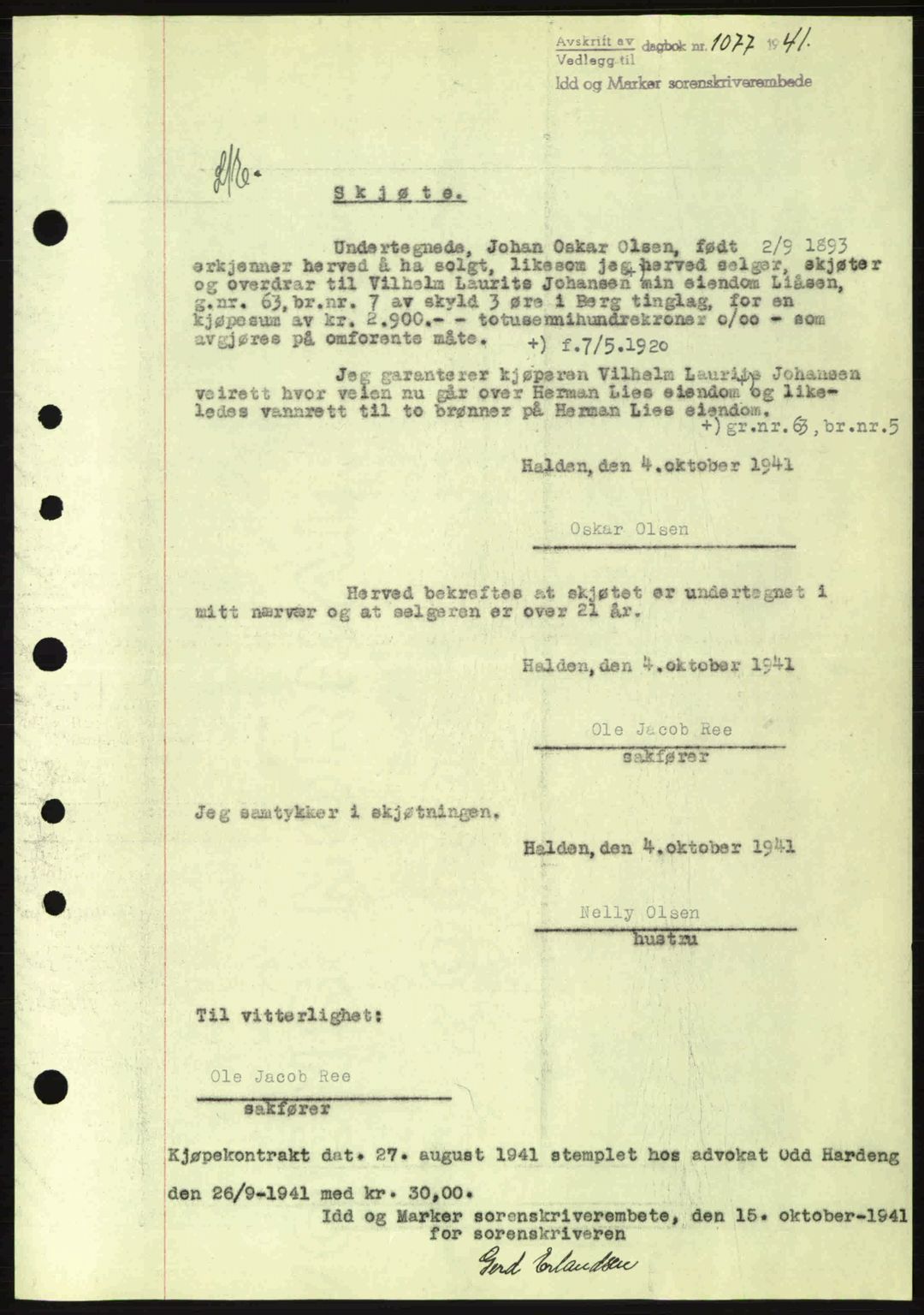 Idd og Marker sorenskriveri, AV/SAO-A-10283/G/Gb/Gbb/L0004: Pantebok nr. A4, 1940-1941, Dagboknr: 1077/1941