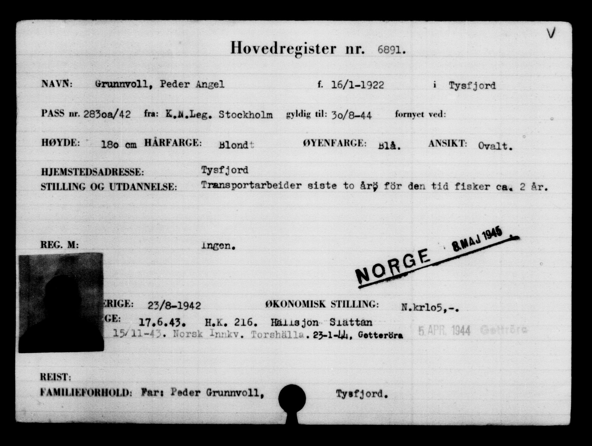 Utenriksstasjonene, Legasjonen i Stockholm, Flyktningkontoret, AV/RA-S-6753/V/Va/L0005: Kjesäterkartoteket, flyktninger med registreringsnr. 6600-9417, 1940-1945, s. 354