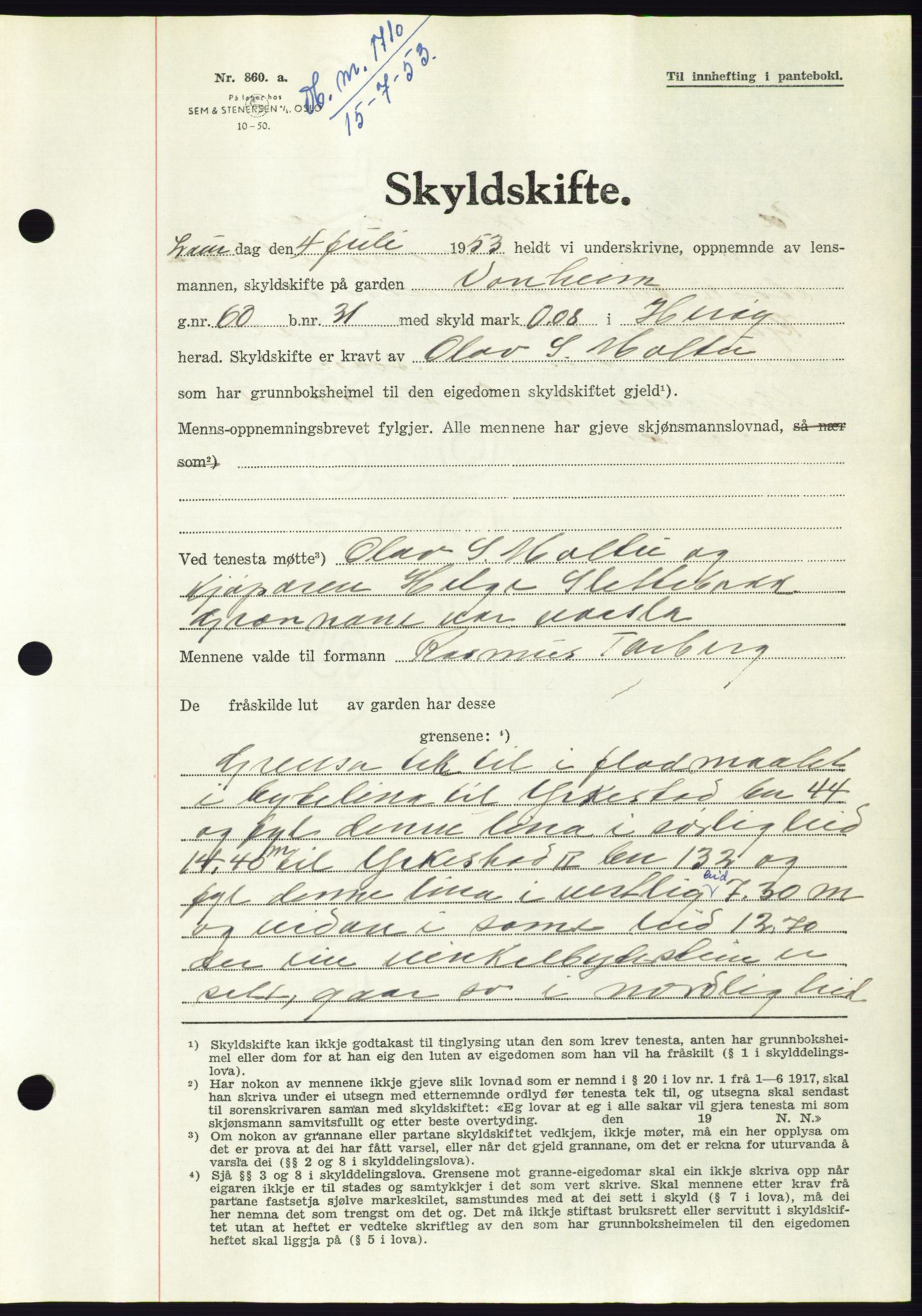 Søre Sunnmøre sorenskriveri, AV/SAT-A-4122/1/2/2C/L0095: Pantebok nr. 21A, 1953-1953, Dagboknr: 1710/1953