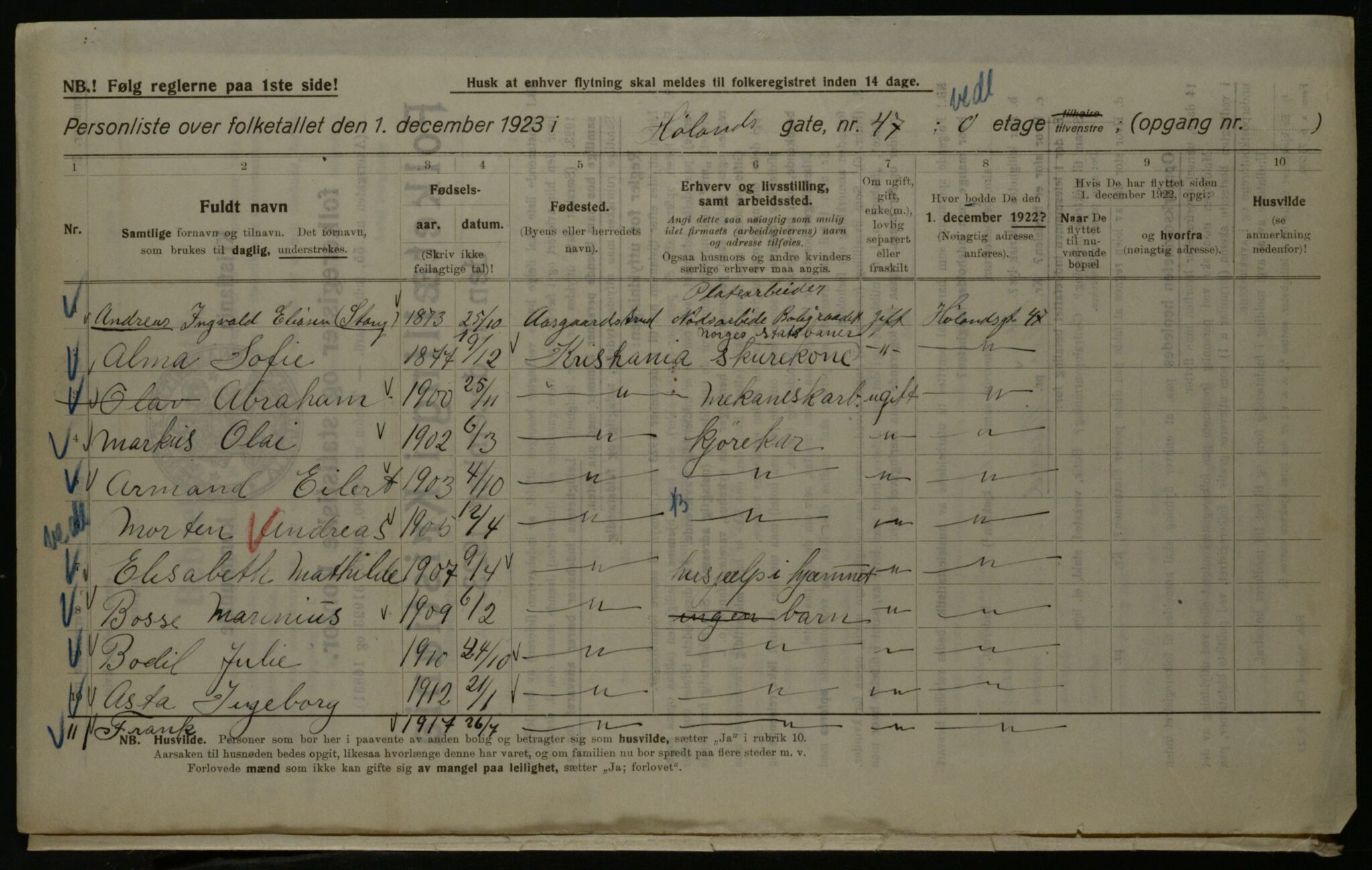 OBA, Kommunal folketelling 1.12.1923 for Kristiania, 1923, s. 47597