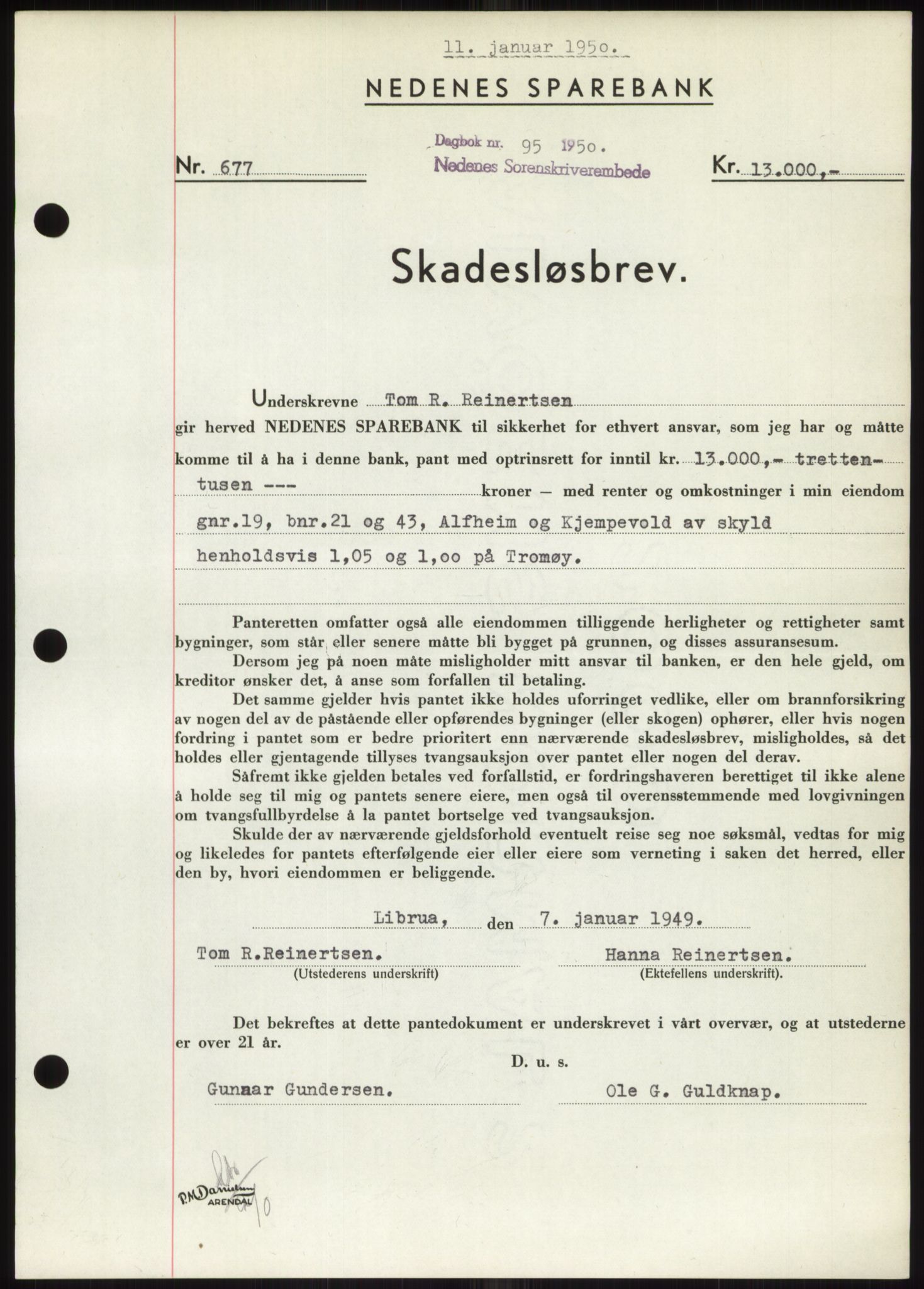 Nedenes sorenskriveri, AV/SAK-1221-0006/G/Gb/Gbb/L0007: Pantebok nr. B7, 1949-1950, Dagboknr: 95/1950