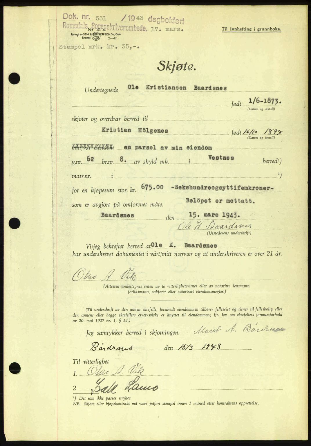 Romsdal sorenskriveri, SAT/A-4149/1/2/2C: Pantebok nr. A14, 1943-1943, Dagboknr: 531/1943