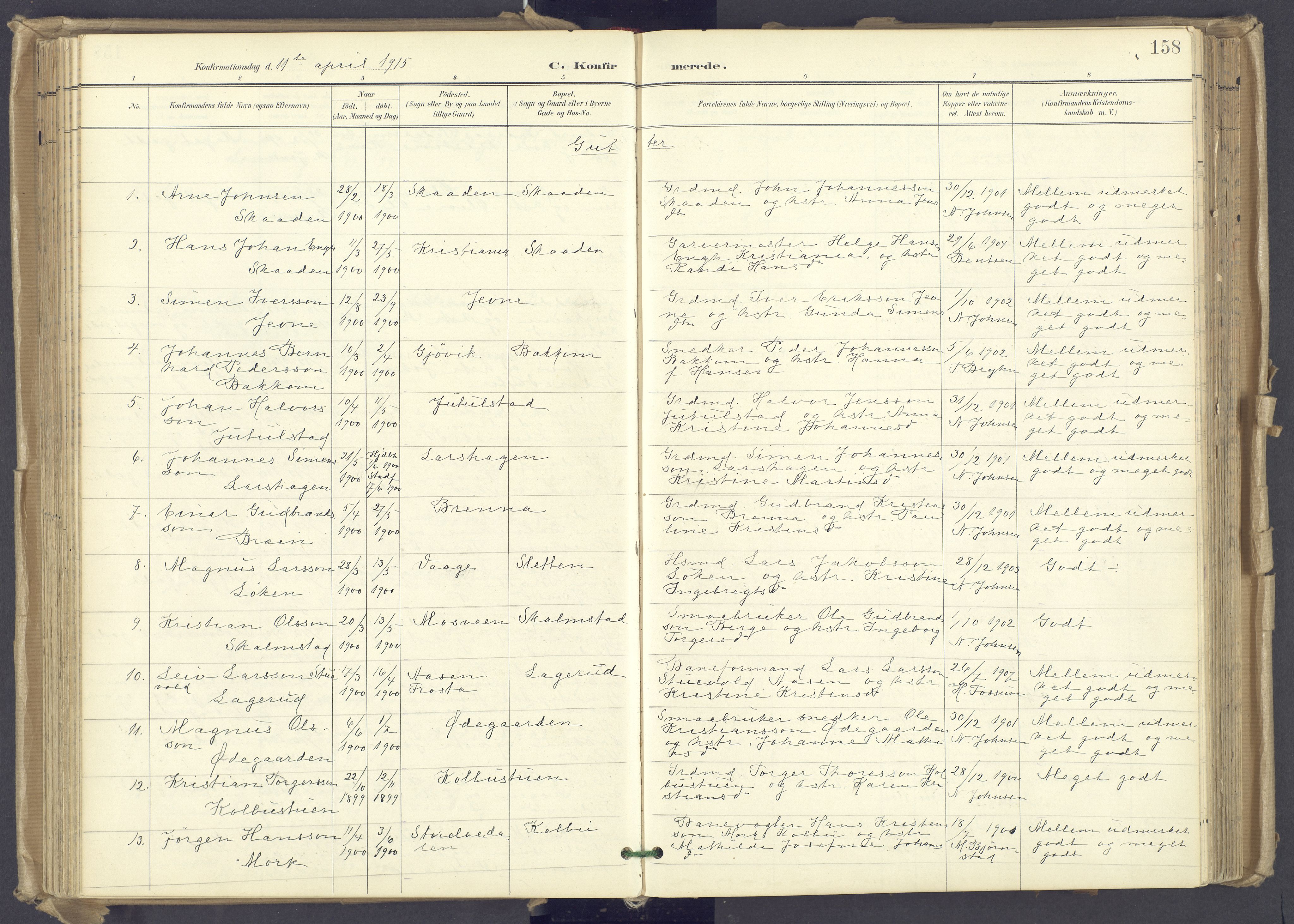 Øyer prestekontor, AV/SAH-PREST-084/H/Ha/Haa/L0012: Ministerialbok nr. 12, 1897-1920, s. 158