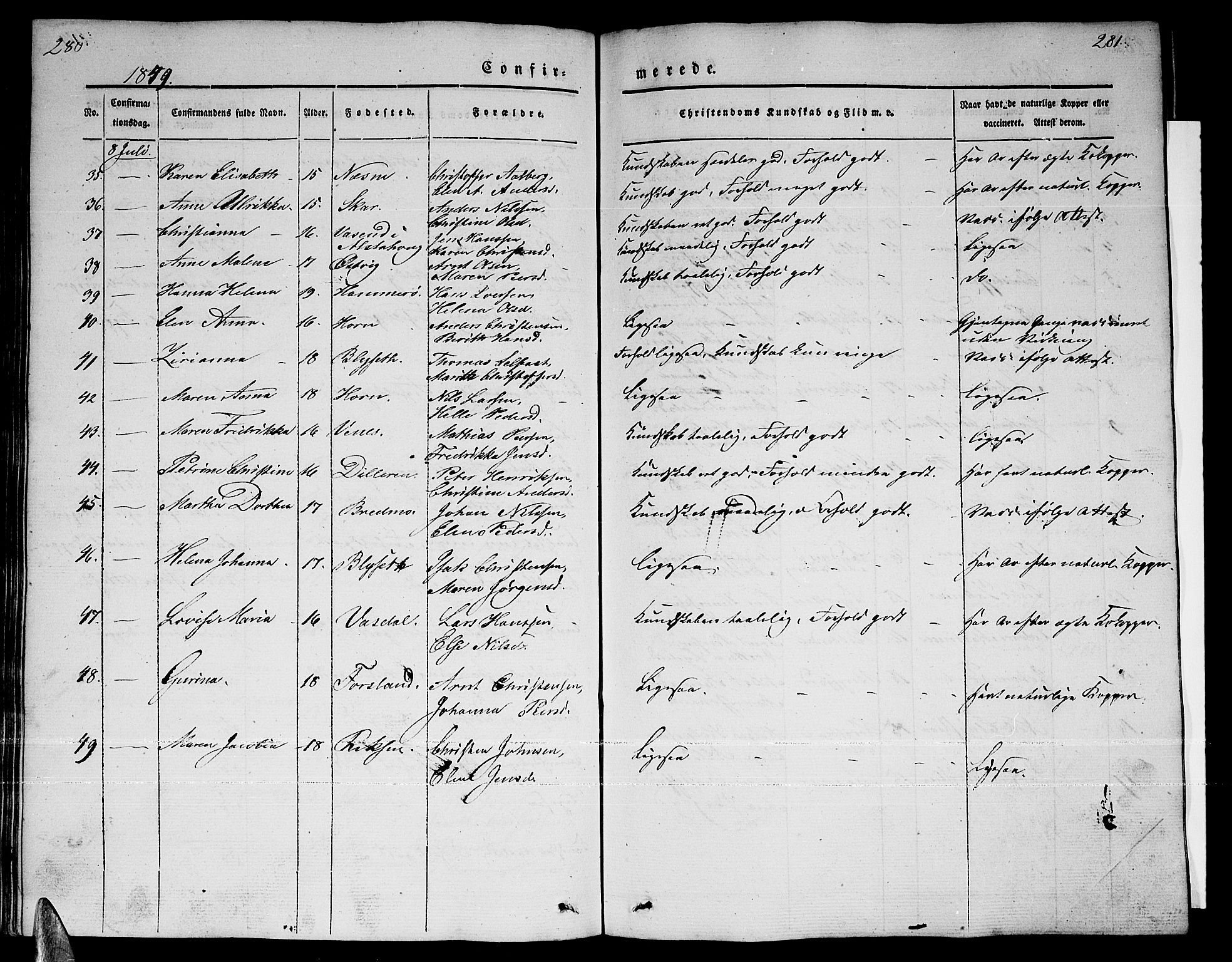 Ministerialprotokoller, klokkerbøker og fødselsregistre - Nordland, SAT/A-1459/838/L0555: Klokkerbok nr. 838C02, 1842-1861, s. 280-281