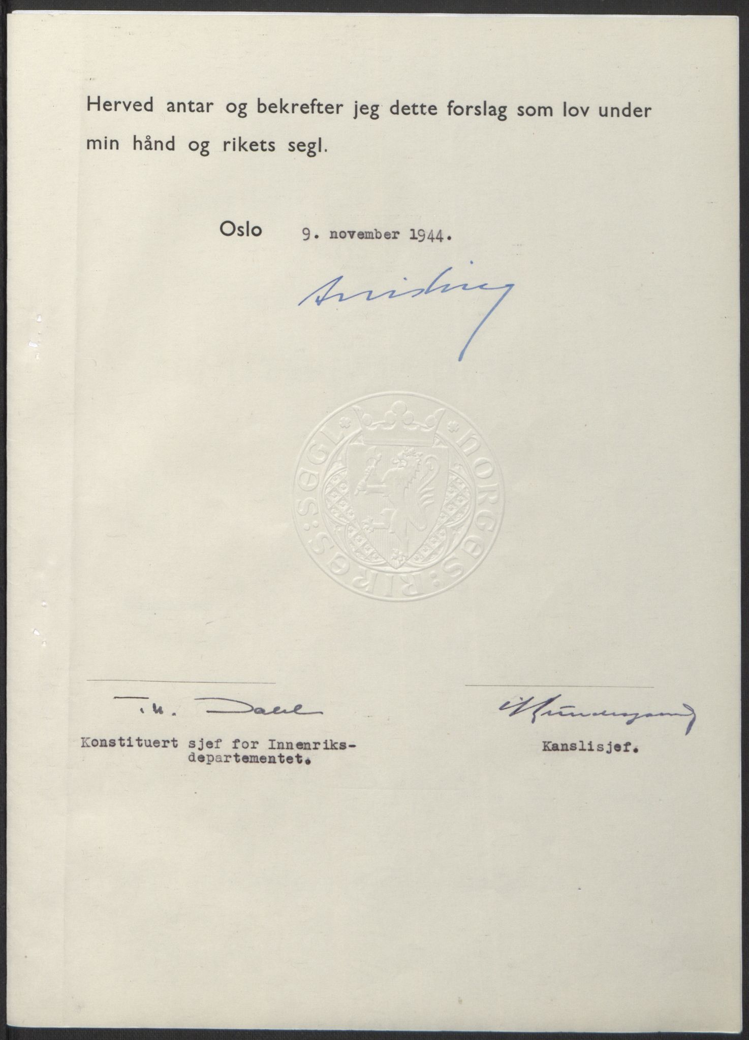 NS-administrasjonen 1940-1945 (Statsrådsekretariatet, de kommisariske statsråder mm), RA/S-4279/D/Db/L0100: Lover, 1944, s. 561