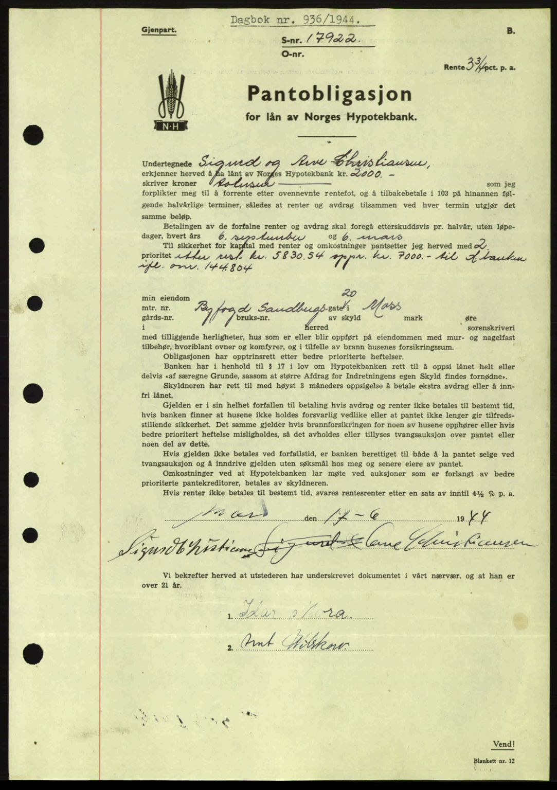 Moss sorenskriveri, SAO/A-10168: Pantebok nr. B13, 1943-1945, Dagboknr: 936/1944