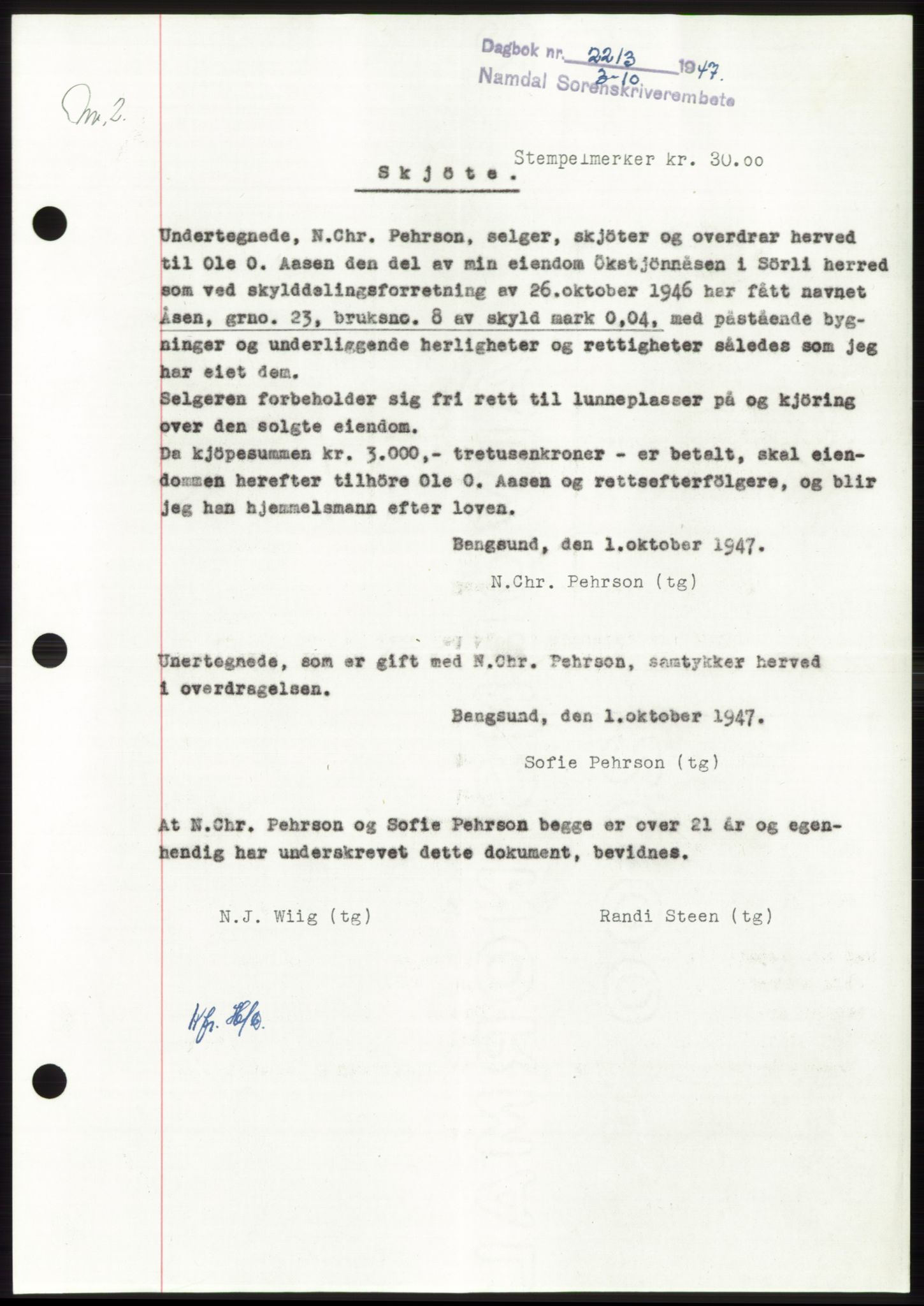 Namdal sorenskriveri, SAT/A-4133/1/2/2C: Pantebok nr. -, 1947-1947, Dagboknr: 2213/1947