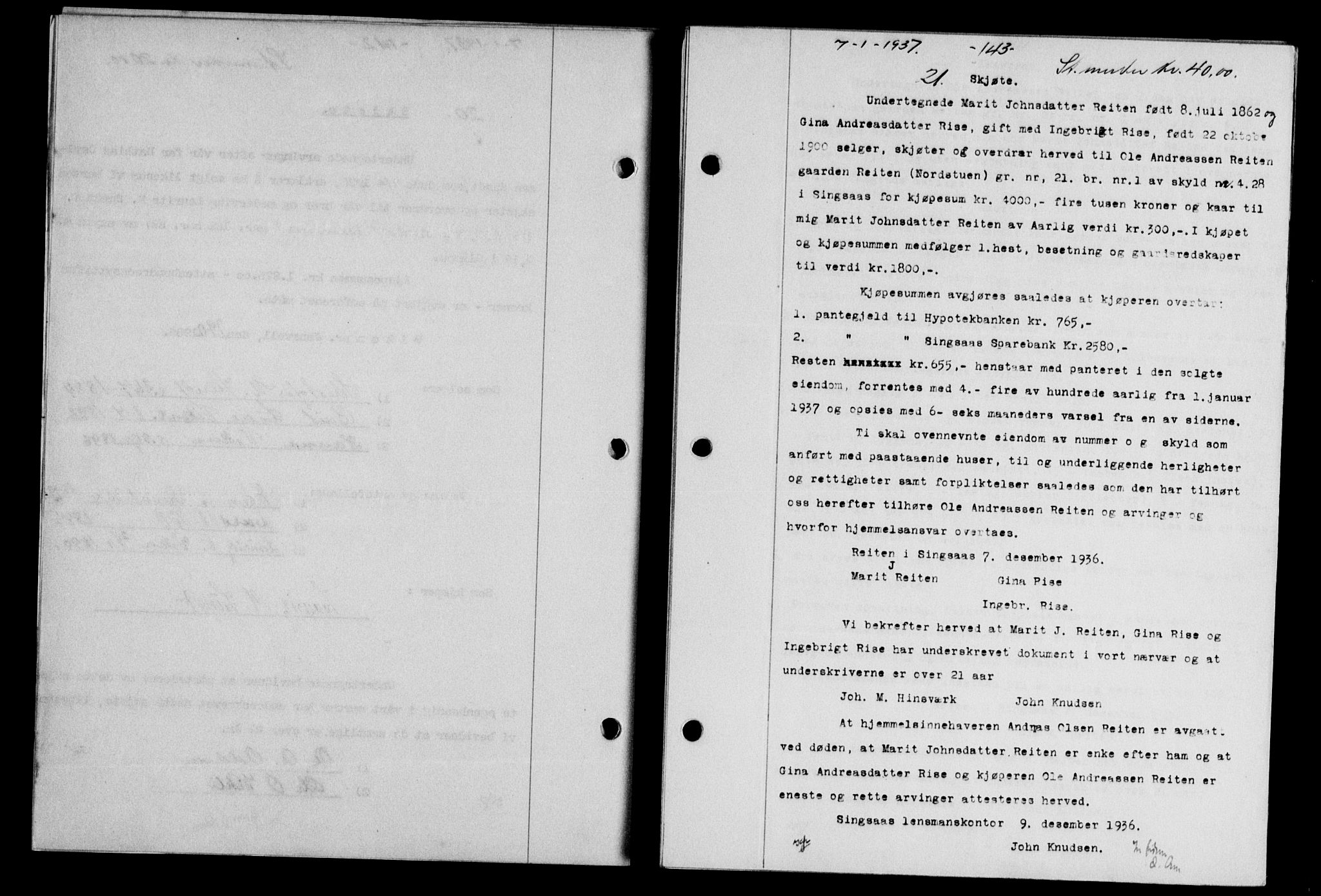 Gauldal sorenskriveri, SAT/A-0014/1/2/2C/L0046: Pantebok nr. 49-50, 1936-1937, Dagboknr: 21/1937