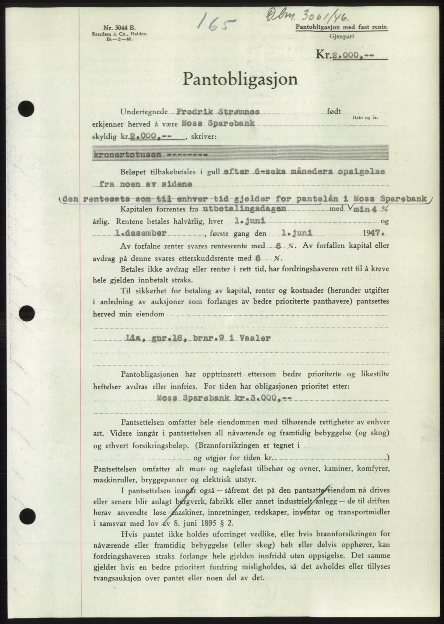 Moss sorenskriveri, SAO/A-10168: Pantebok nr. B16, 1946-1947, Dagboknr: 3061/1946