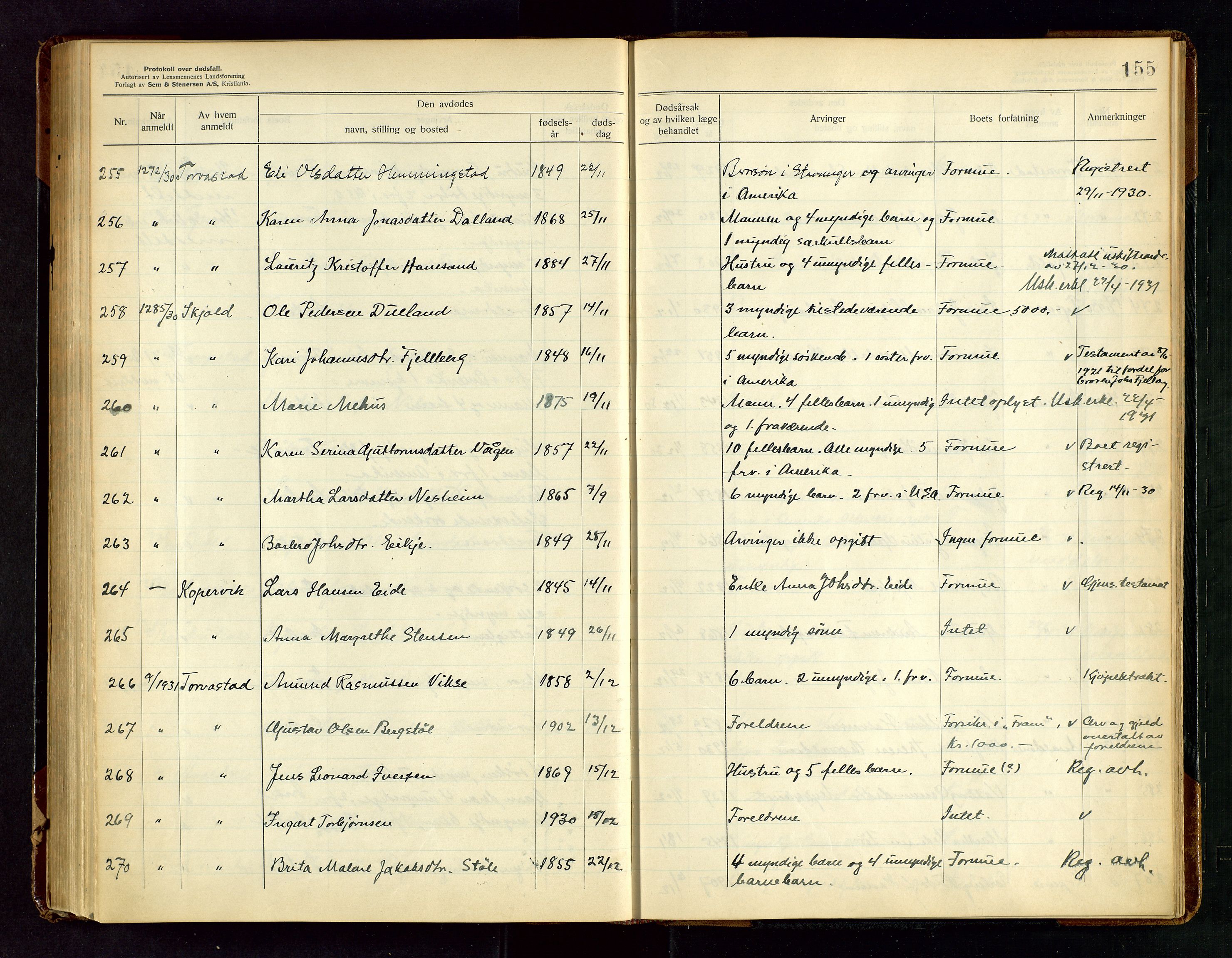 Karmsund sorenskriveri, AV/SAST-A-100311/01/IV/IVAB/L0005: DØDSFALLSPROTOKOLL, 1923-1933, s. 155