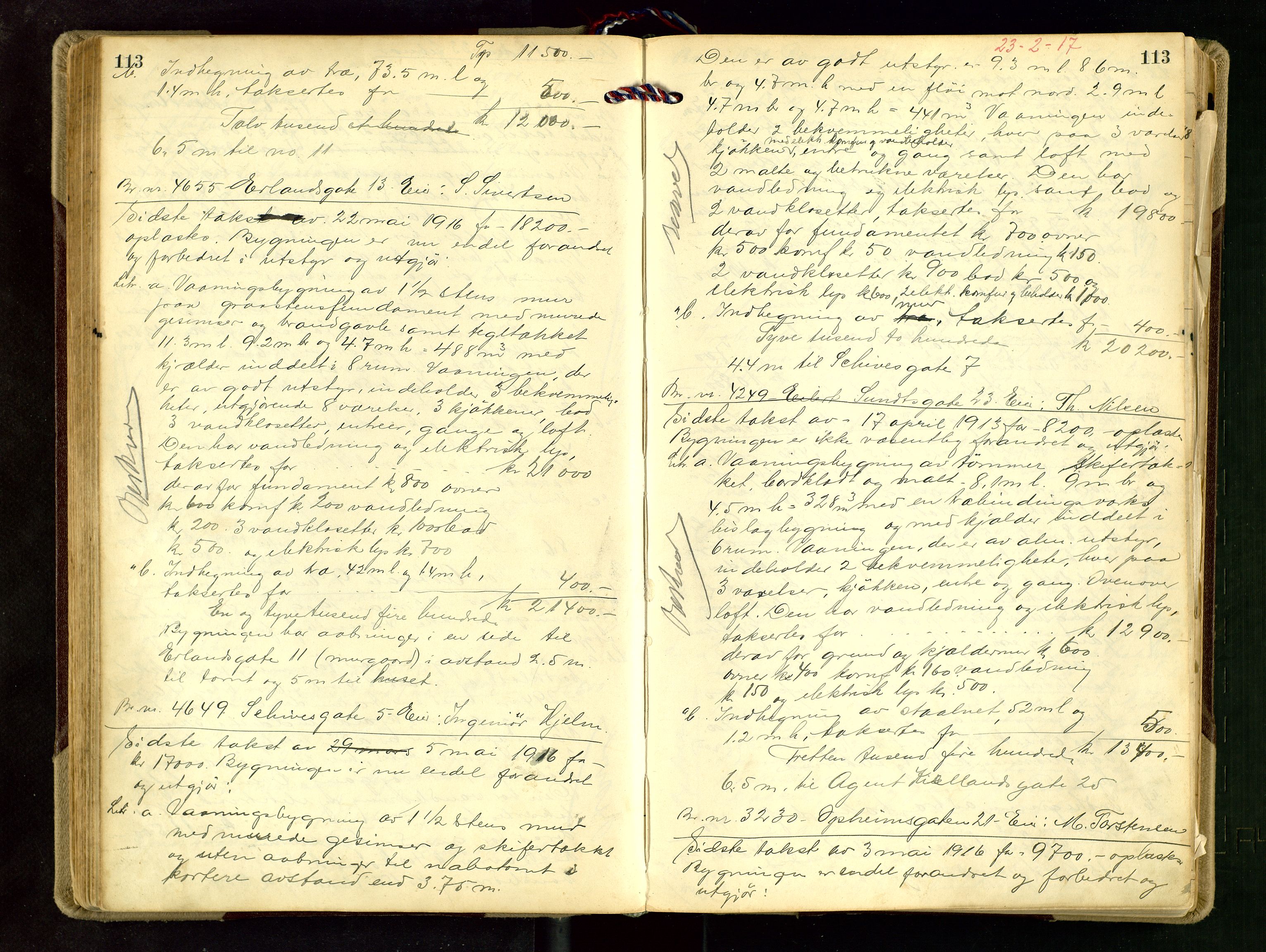 Norges Brannkasse Stavanger, AV/SAST-A-102143/F/Fd/L0015: Branntaksprotokoll nr. 26, 1916-1918, s. 113