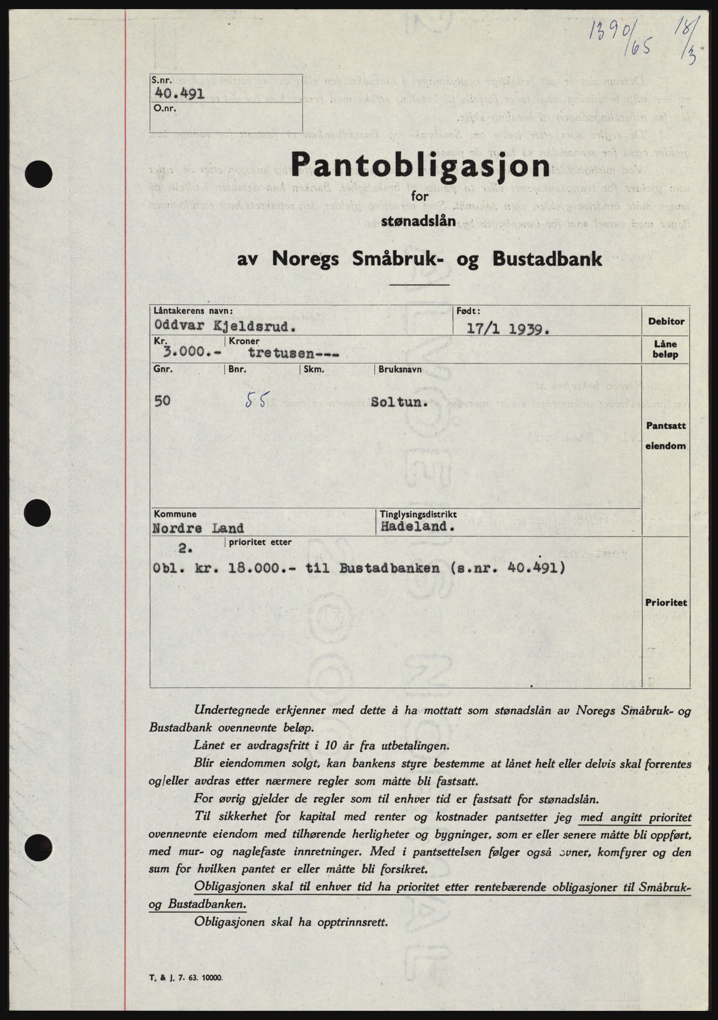 Hadeland og Land tingrett, SAH/TING-010/H/Hb/Hbc/L0058: Pantebok nr. B58, 1965-1965, Dagboknr: 1390/1965
