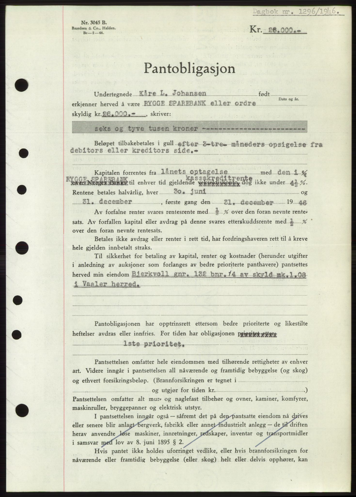 Moss sorenskriveri, SAO/A-10168: Pantebok nr. B15, 1946-1946, Dagboknr: 1296/1946