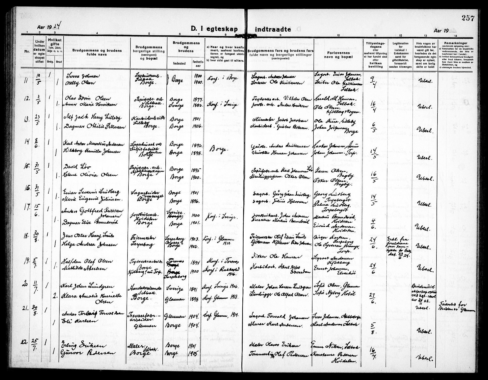 Borge prestekontor Kirkebøker, AV/SAO-A-10903/G/Ga/L0003: Klokkerbok nr. I 3, 1918-1939, s. 257