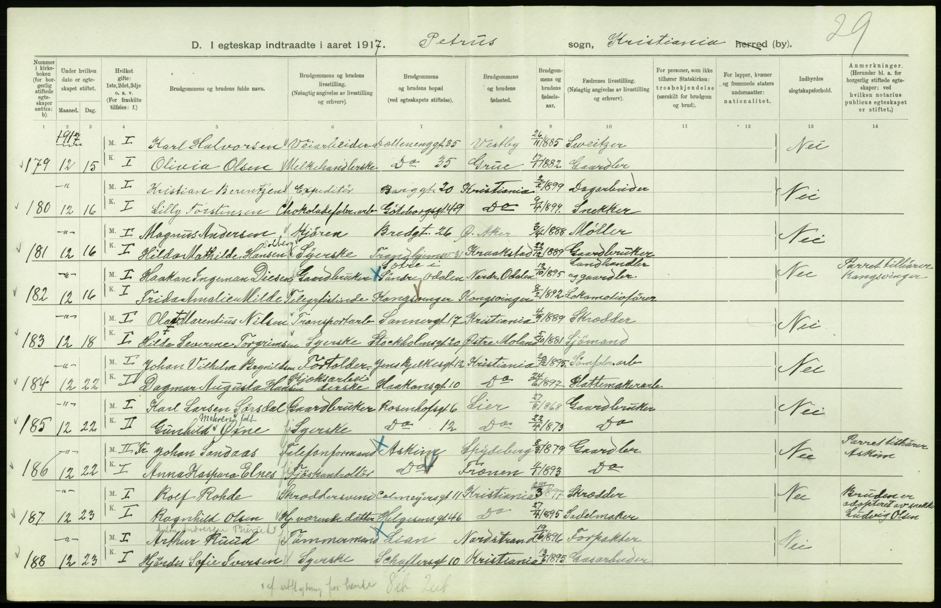 Statistisk sentralbyrå, Sosiodemografiske emner, Befolkning, AV/RA-S-2228/D/Df/Dfb/Dfbg/L0008: Kristiania: Gifte, 1917, s. 194