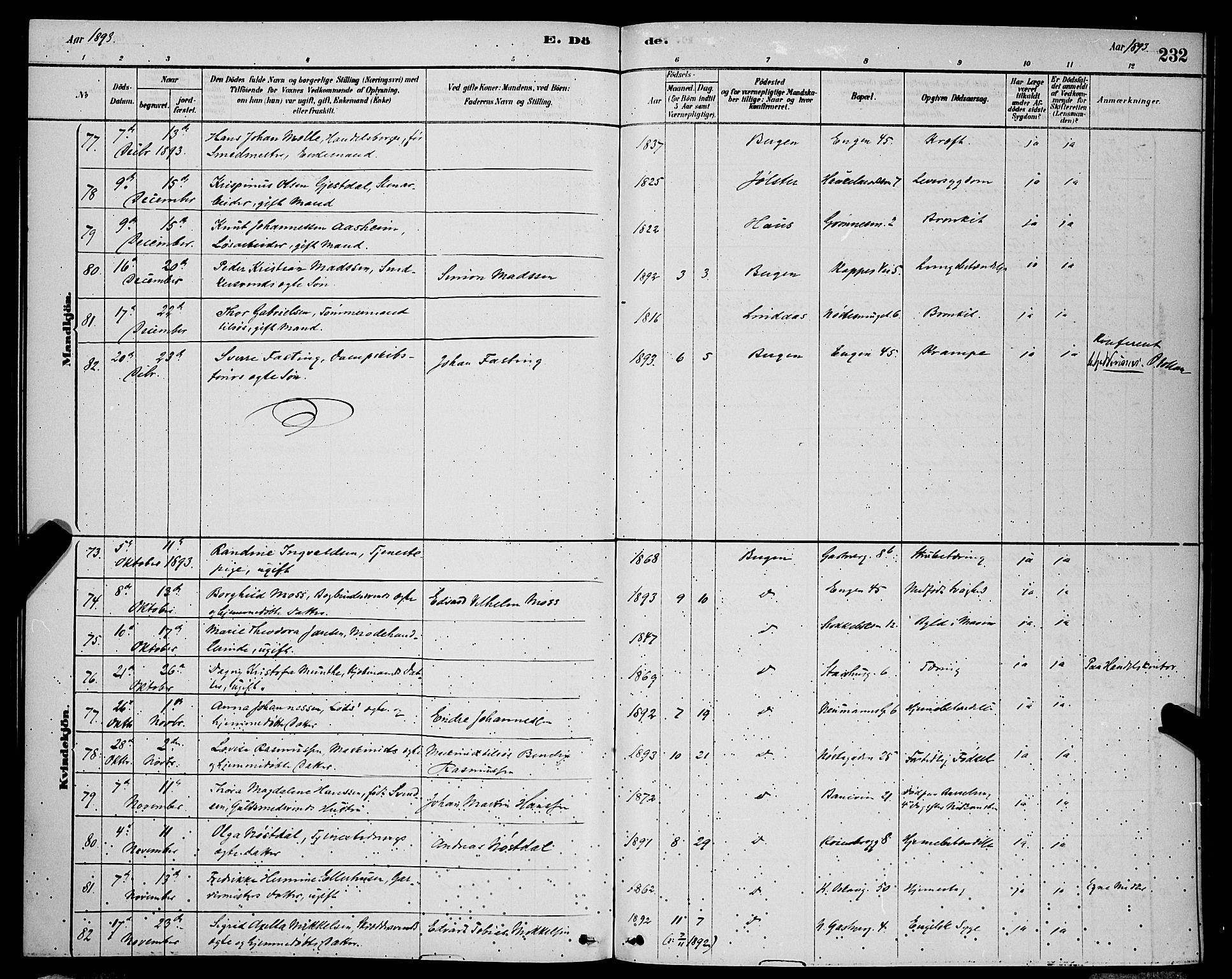 Domkirken sokneprestembete, SAB/A-74801/H/Hab/L0041: Klokkerbok nr. E 5, 1878-1900, s. 232