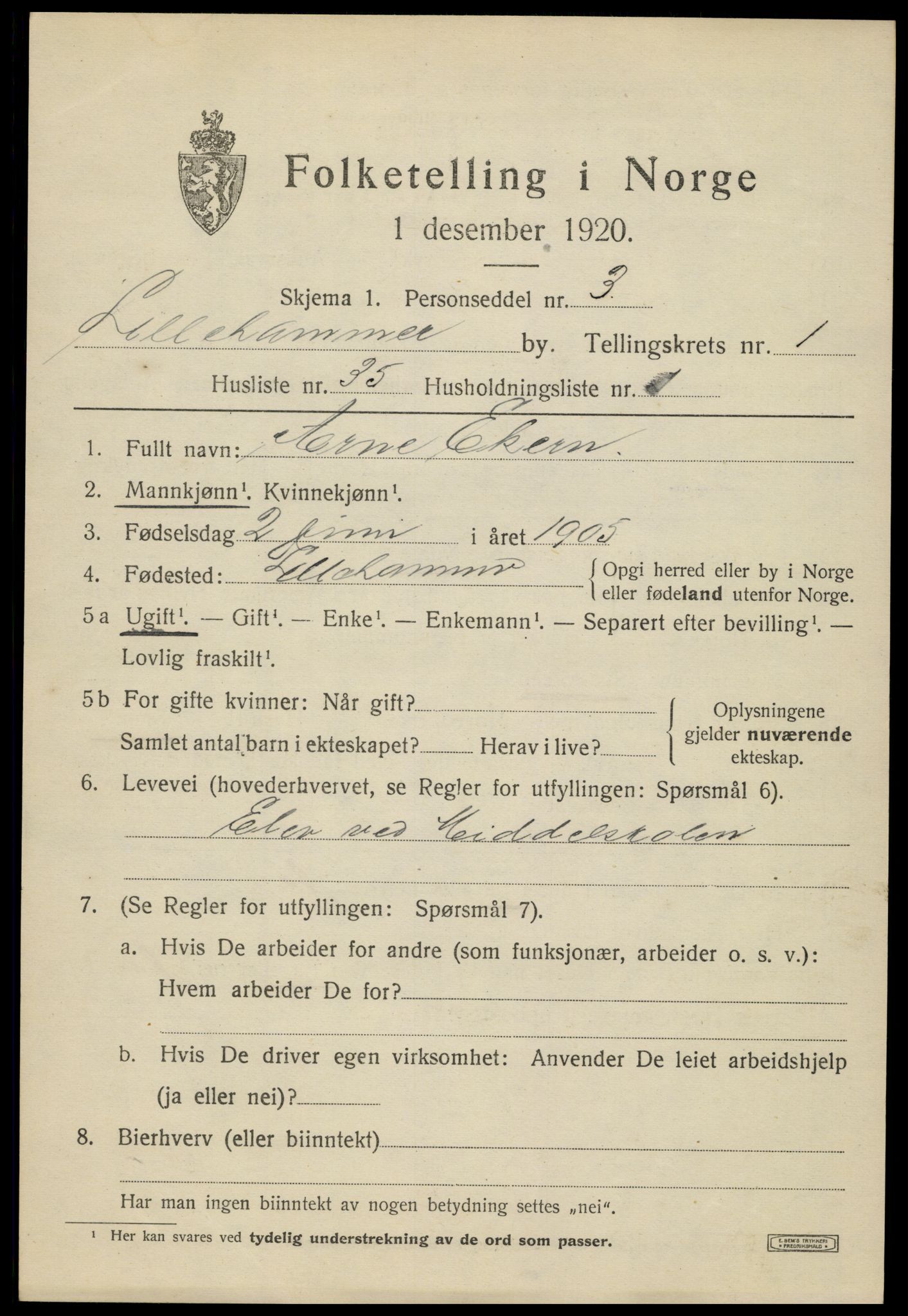 SAH, Folketelling 1920 for 0501 Lillehammer kjøpstad, 1920, s. 4220