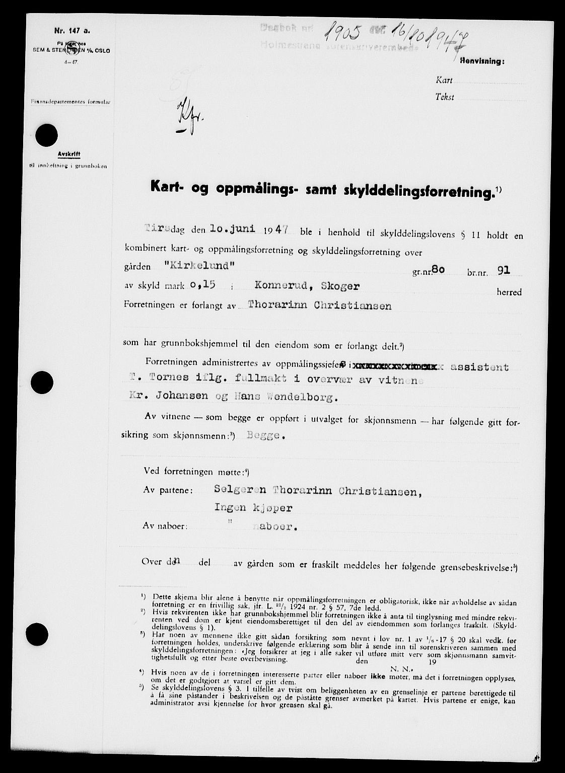 Holmestrand sorenskriveri, SAKO/A-67/G/Ga/Gaa/L0062: Pantebok nr. A-62, 1947-1947, Dagboknr: 1905/1947