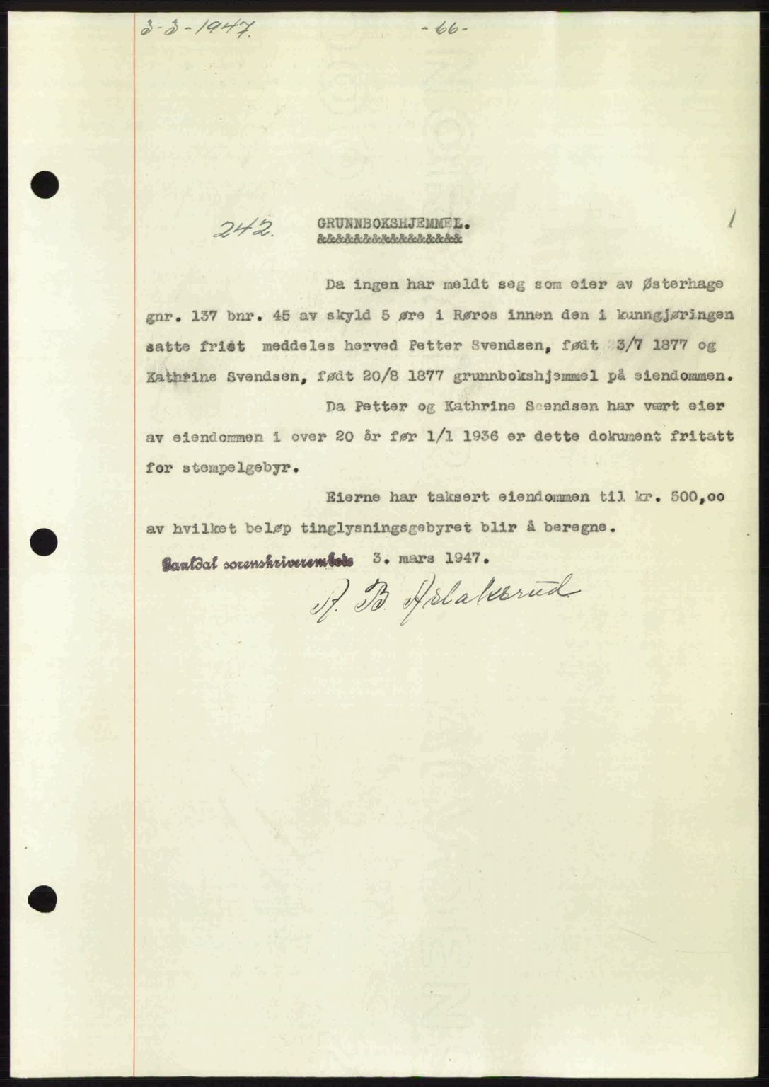 Gauldal sorenskriveri, SAT/A-0014/1/2/2C: Pantebok nr. A3, 1947-1947, Dagboknr: 242/1947