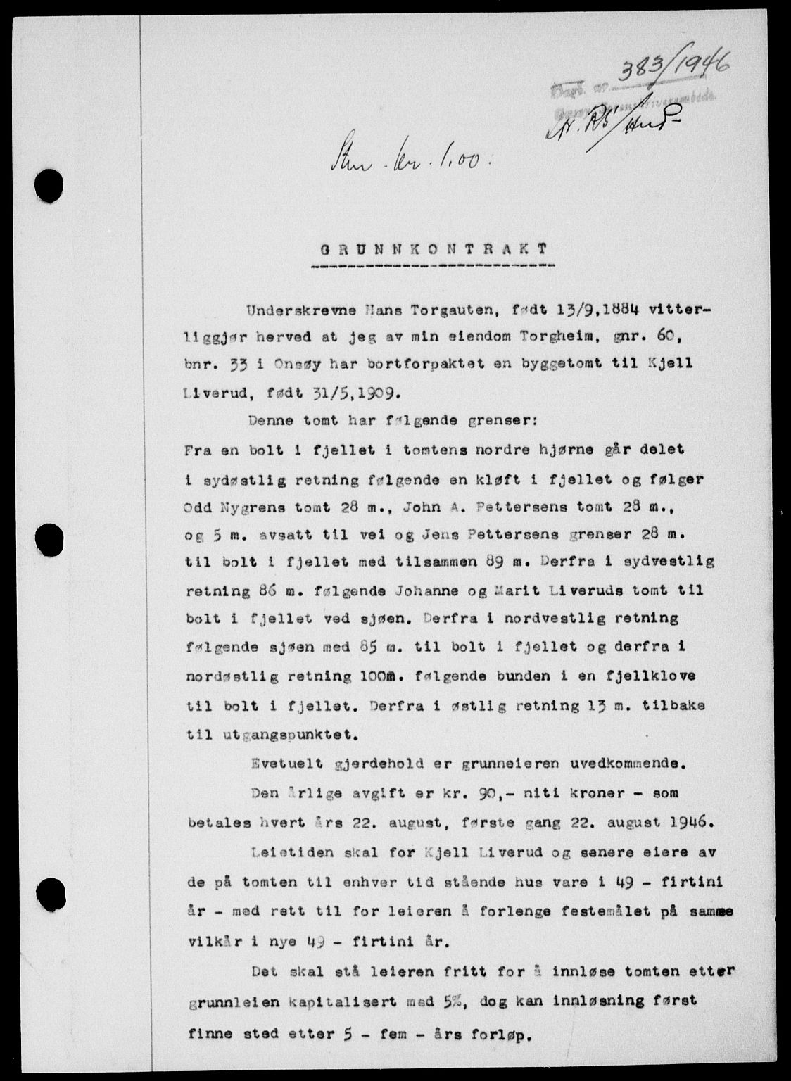 Onsøy sorenskriveri, SAO/A-10474/G/Ga/Gab/L0015: Pantebok nr. II A-15, 1945-1946, Dagboknr: 383/1946