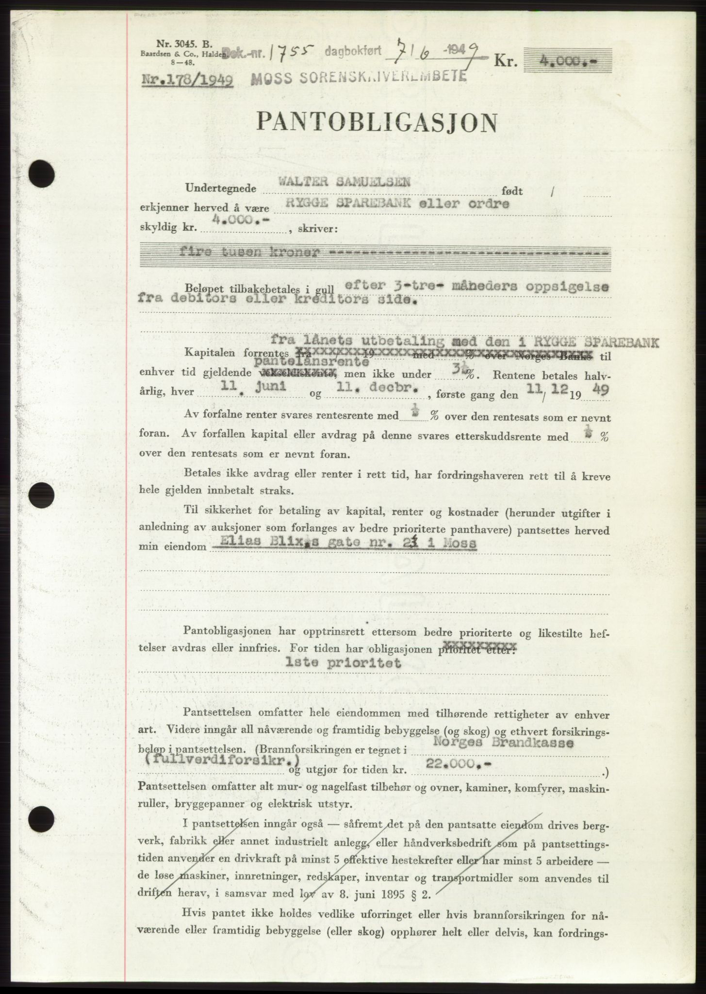 Moss sorenskriveri, SAO/A-10168: Pantebok nr. B22, 1949-1949, Dagboknr: 1755/1949