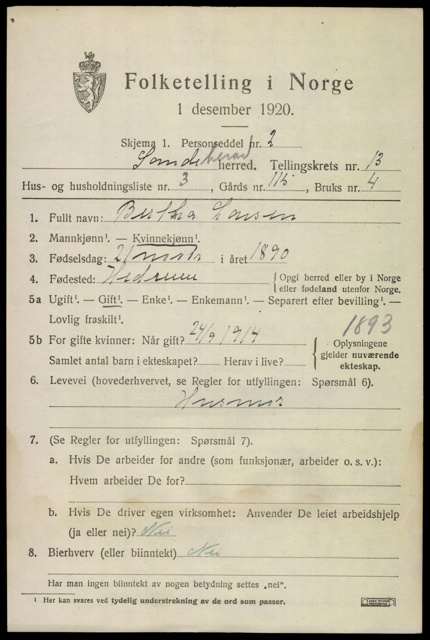 SAKO, Folketelling 1920 for 0724 Sandeherred herred, 1920, s. 19132