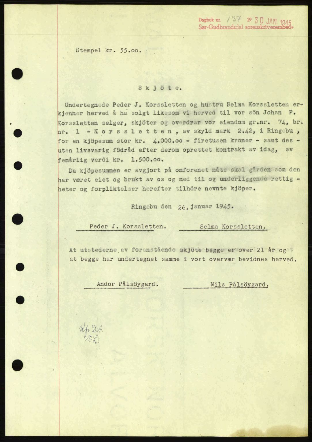 Sør-Gudbrandsdal tingrett, SAH/TING-004/H/Hb/Hbd/L0014: Pantebok nr. A14, 1944-1945, Dagboknr: 137/1945