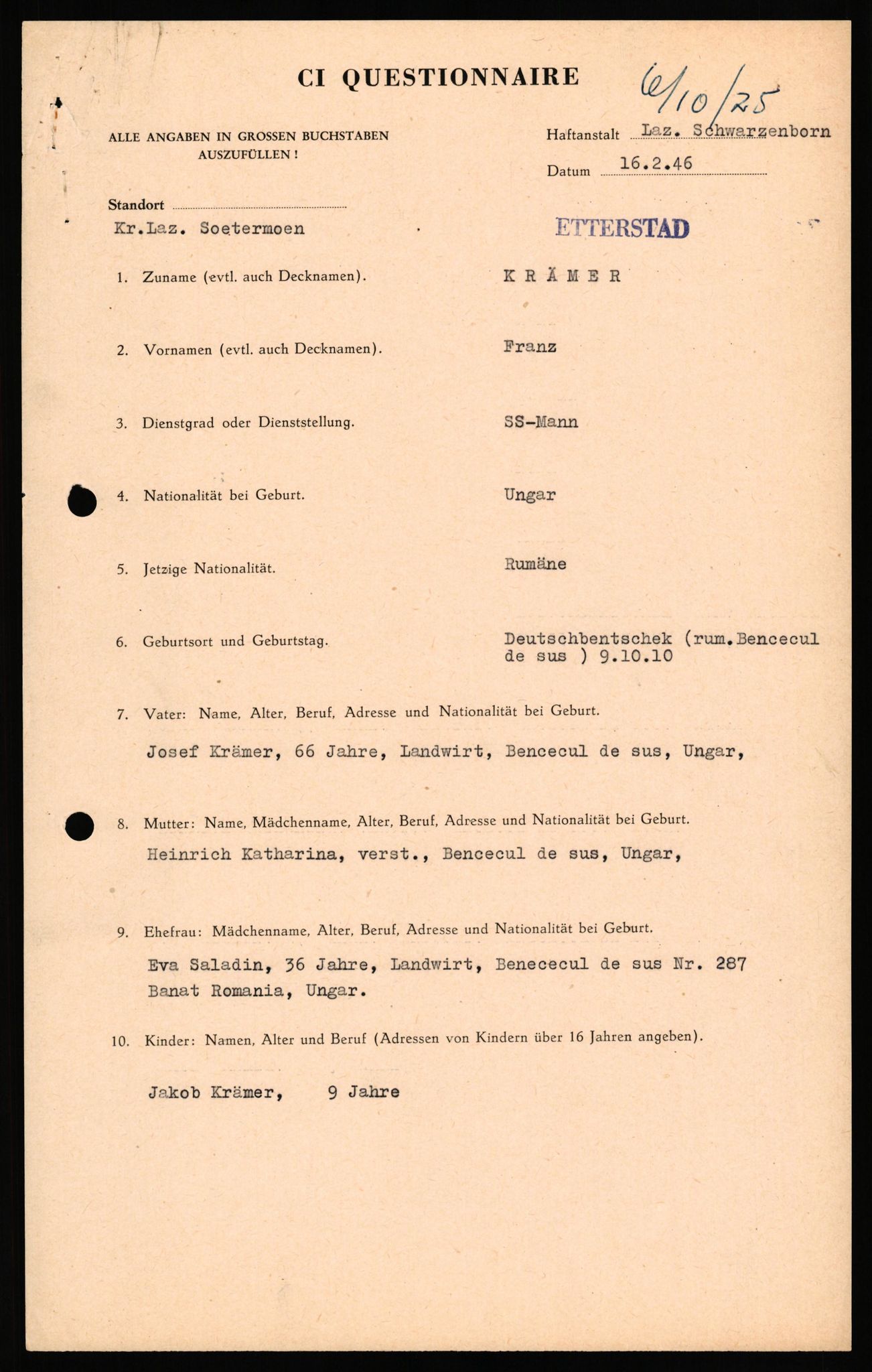 Forsvaret, Forsvarets overkommando II, RA/RAFA-3915/D/Db/L0041: CI Questionaires.  Diverse nasjonaliteter., 1945-1946, s. 109