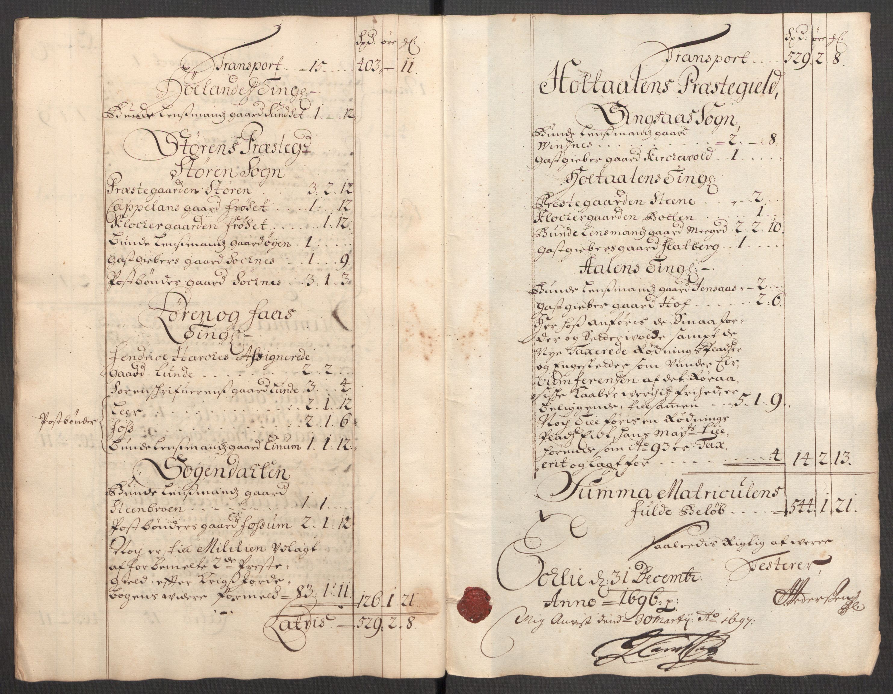 Rentekammeret inntil 1814, Reviderte regnskaper, Fogderegnskap, AV/RA-EA-4092/R60/L3946: Fogderegnskap Orkdal og Gauldal, 1696, s. 313