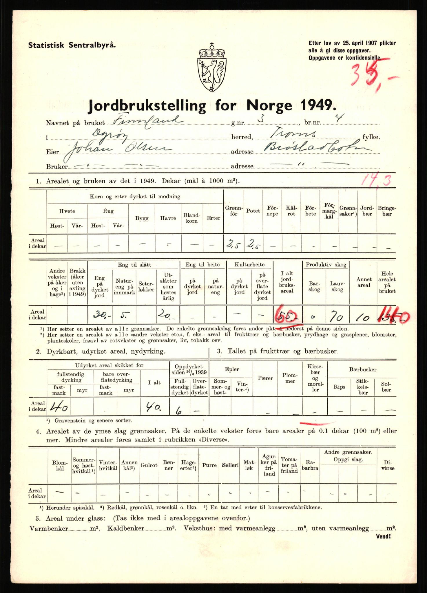 Statistisk sentralbyrå, Næringsøkonomiske emner, Jordbruk, skogbruk, jakt, fiske og fangst, AV/RA-S-2234/G/Gc/L0440: Troms: Sørreisa og Dyrøy, 1949, s. 1580