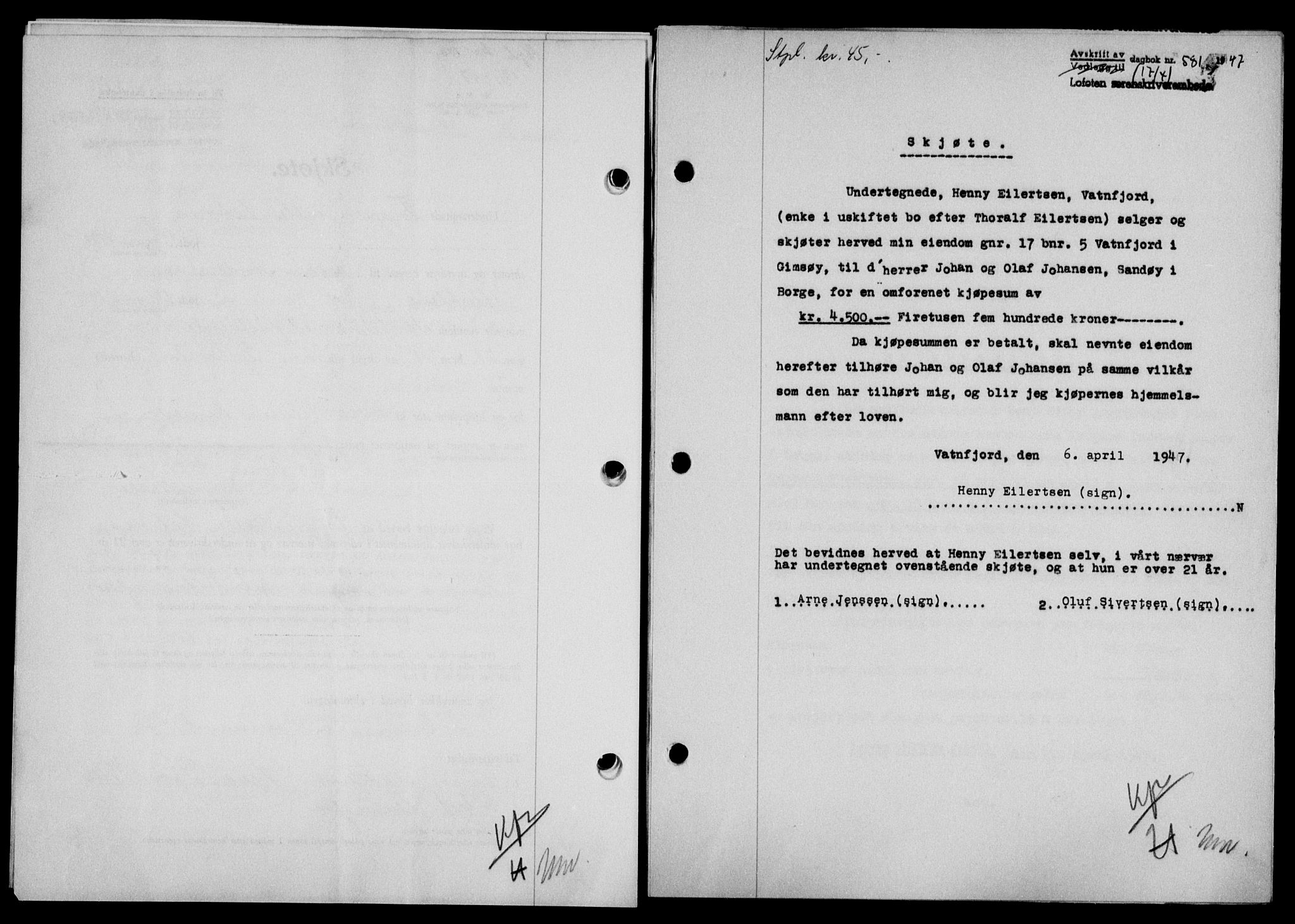 Lofoten sorenskriveri, SAT/A-0017/1/2/2C/L0015a: Pantebok nr. 15a, 1946-1947, Dagboknr: 581/1947