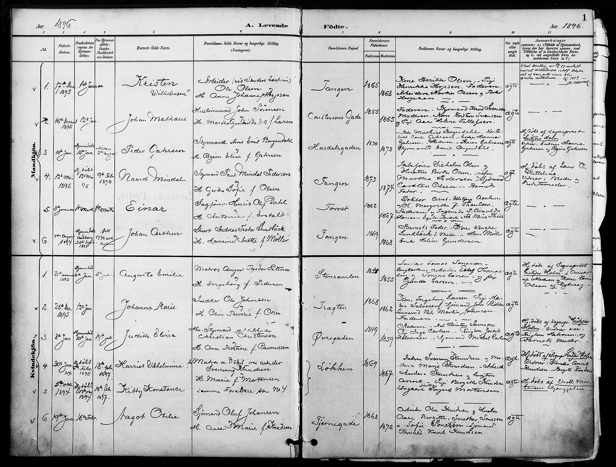 Risør sokneprestkontor, AV/SAK-1111-0035/F/Fa/L0010: Ministerialbok nr. A 10, 1896-1906, s. 1