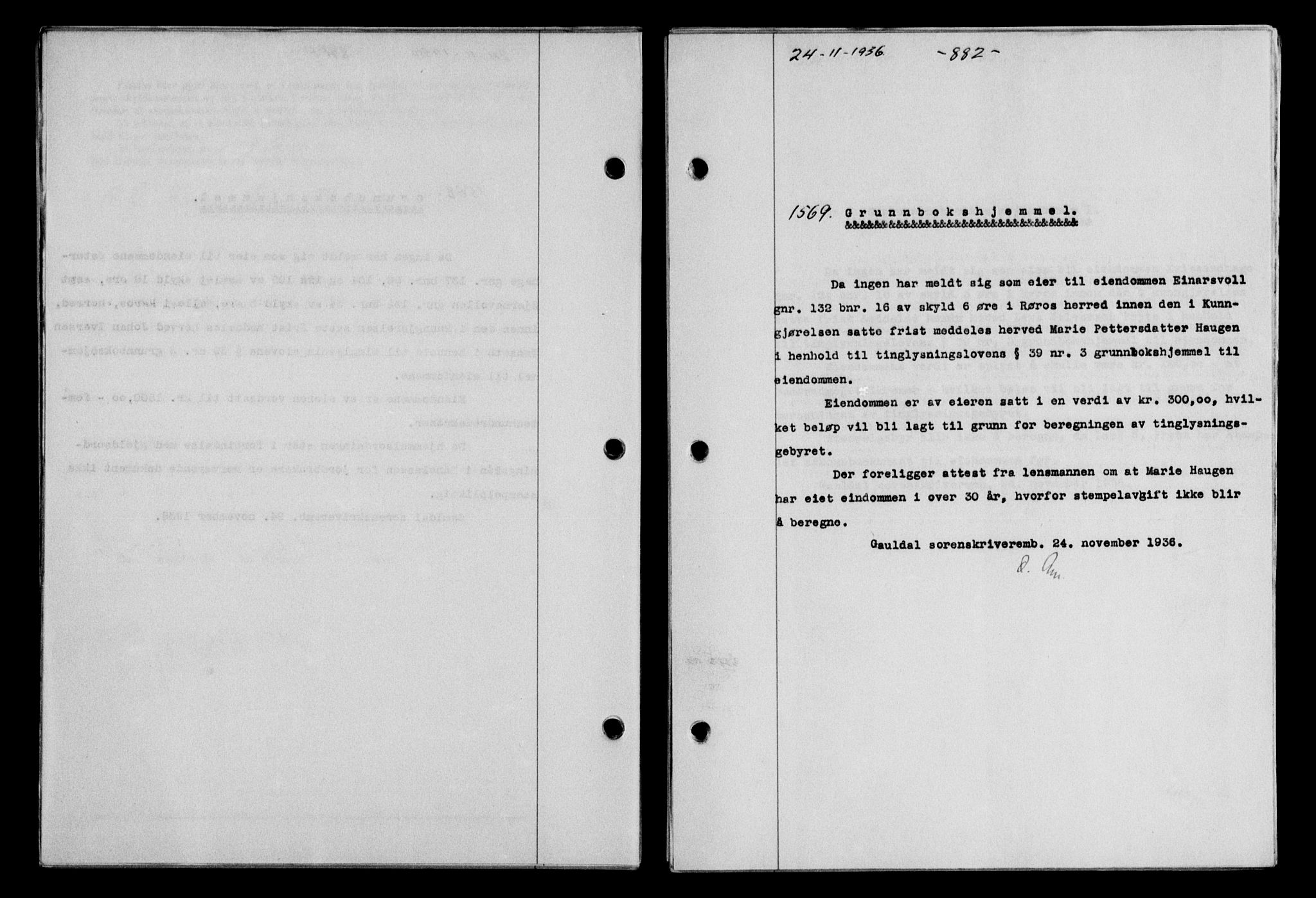 Gauldal sorenskriveri, SAT/A-0014/1/2/2C/L0046: Pantebok nr. 49-50, 1936-1937, Dagboknr: 1569/1936