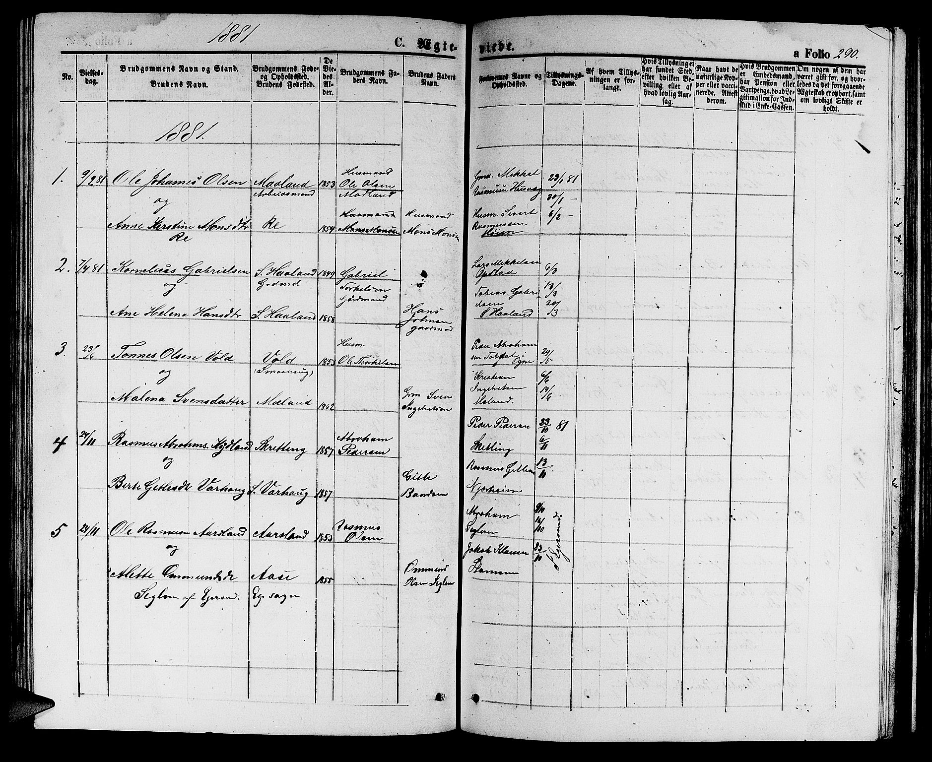 Hå sokneprestkontor, AV/SAST-A-101801/001/30BB/L0002: Klokkerbok nr. B 2, 1854-1883, s. 290