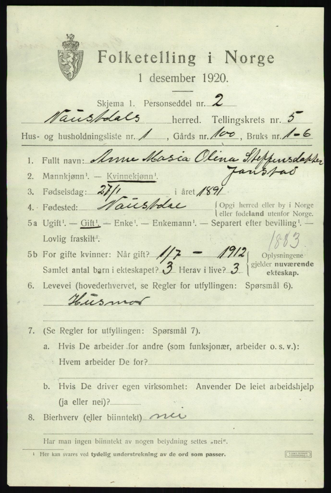 SAB, Folketelling 1920 for 1433 Naustdal herred, 1920, s. 3085