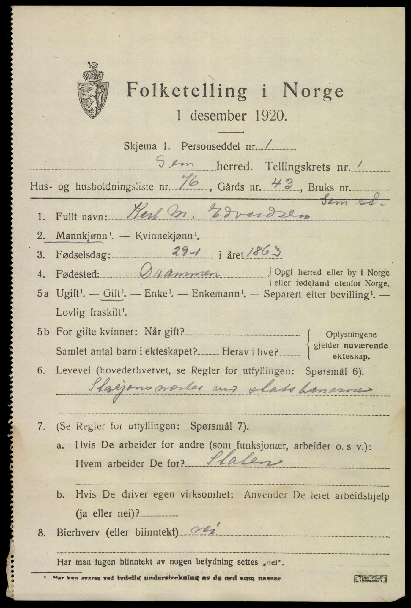 SAKO, Folketelling 1920 for 0721 Sem herred, 1920, s. 3599
