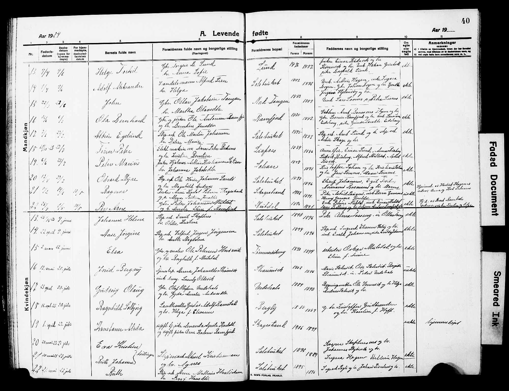 Ministerialprotokoller, klokkerbøker og fødselsregistre - Nord-Trøndelag, SAT/A-1458/780/L0653: Klokkerbok nr. 780C05, 1911-1927, s. 40