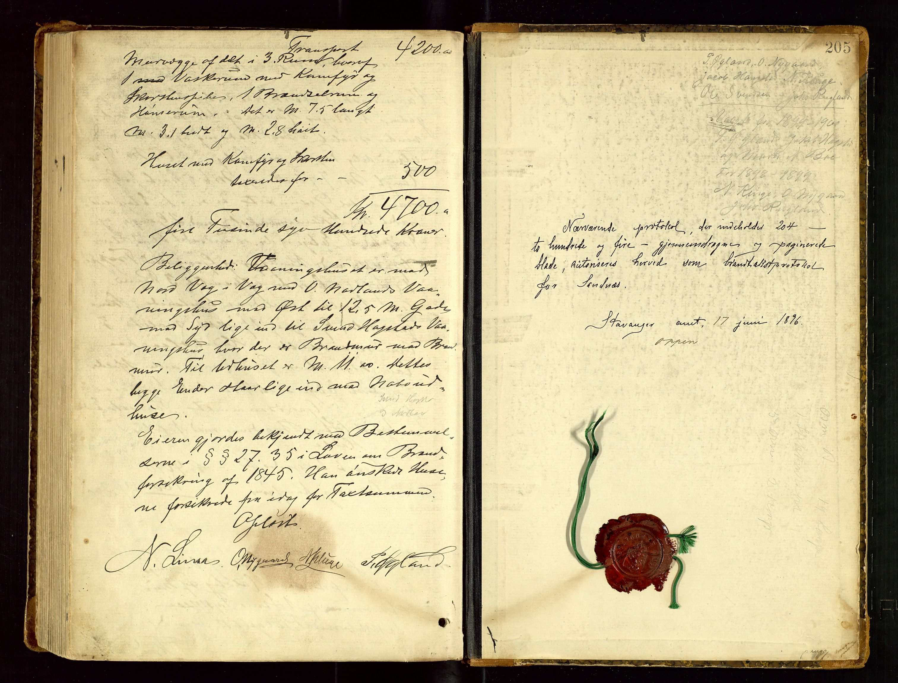 Høyland/Sandnes lensmannskontor, AV/SAST-A-100166/Goc/L0002: "Brandtakstprotokol", 1896-1899, s. 204b-205a