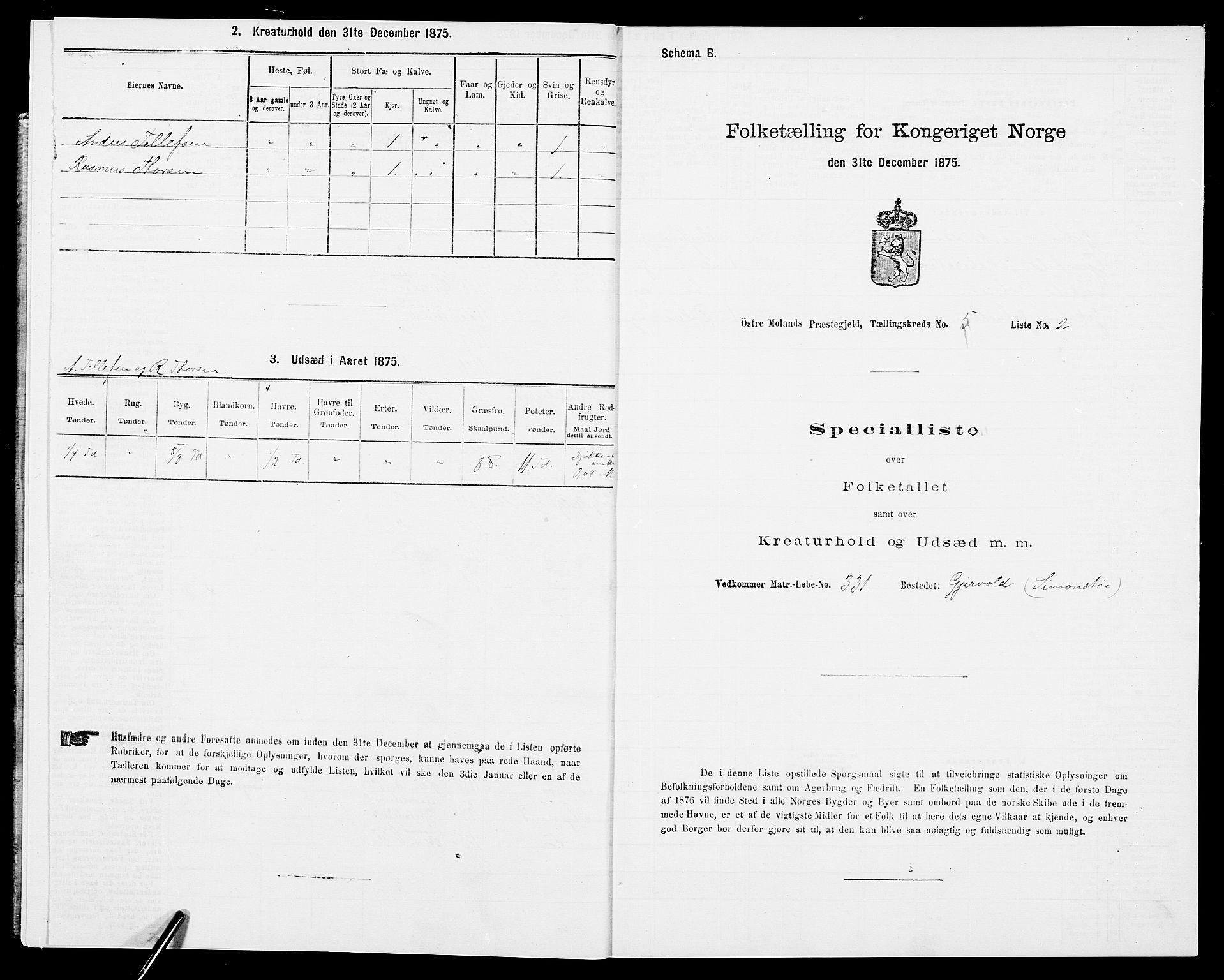 SAK, Folketelling 1875 for 0918P Austre Moland prestegjeld, 1875, s. 1880