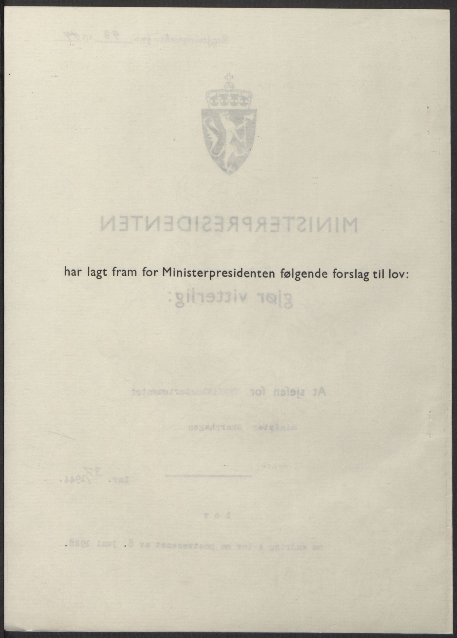 NS-administrasjonen 1940-1945 (Statsrådsekretariatet, de kommisariske statsråder mm), RA/S-4279/D/Db/L0100: Lover, 1944, s. 182
