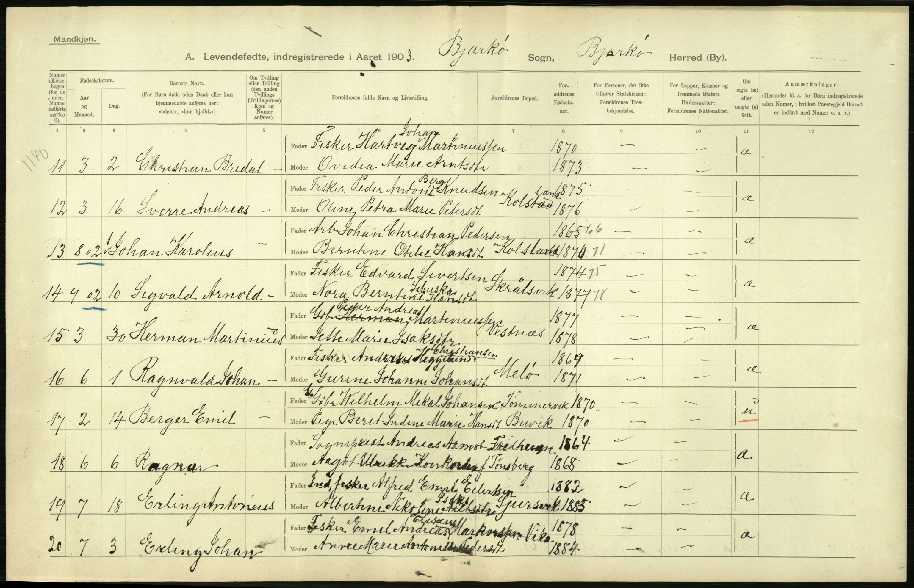 Statistisk sentralbyrå, Sosiodemografiske emner, Befolkning, AV/RA-S-2228/D/Df/Dfa/Dfaa/L0021: Tromsø amt: Fødte, gifte, døde., 1903, s. 56