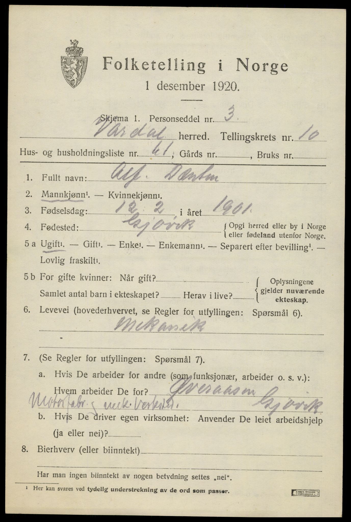 SAH, Folketelling 1920 for 0527 Vardal herred, 1920, s. 9503